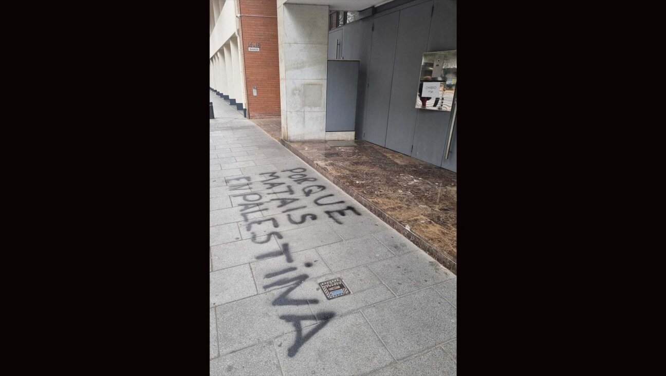 A view of the graffiti in front of the Chabad synagogue in Barcelona, April 26, 2023. (Israelite Community of Barcelona)