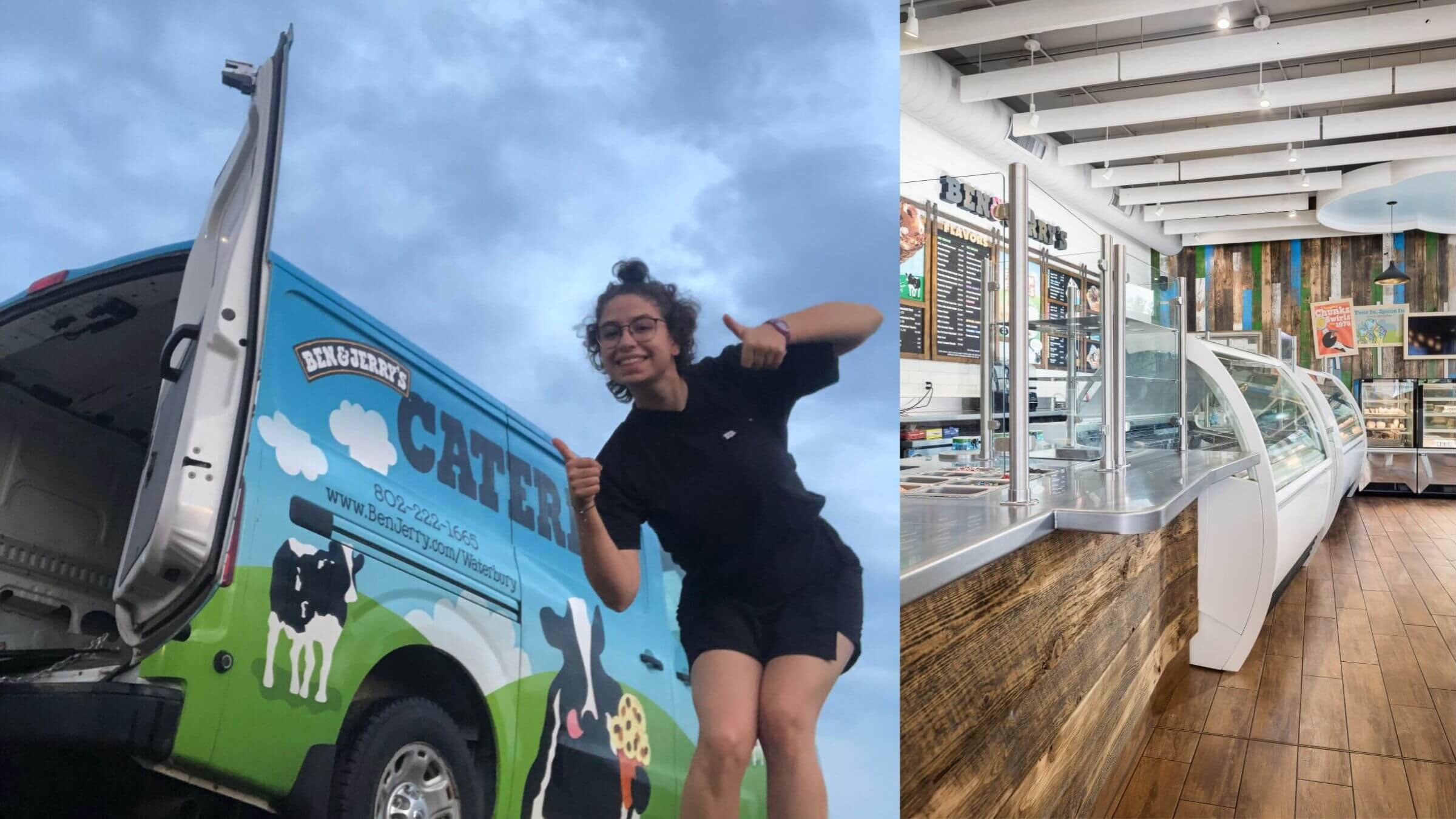 Left: Rebeka Mendelsohn with a Ben and Jerry's catering truck. Right: The flagship Ben and Jerry's in Burlington, Vermont.
