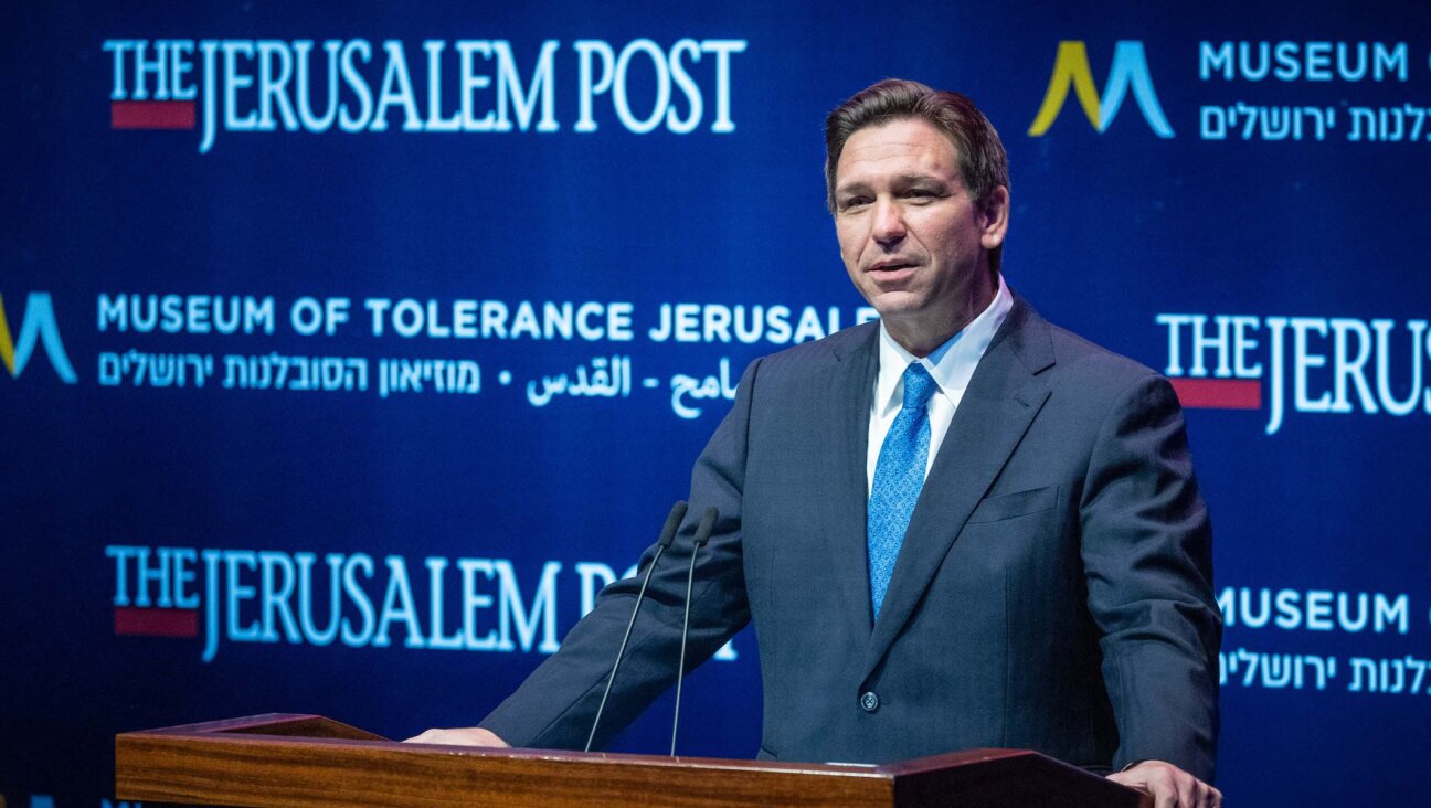 Florida Gov. Ron DeSantis speaks at a Jerusalem Post conference at the Museum of Tolerance in Jerusalem on April 27, 2023. (Yonatan Sindel/Flash90)