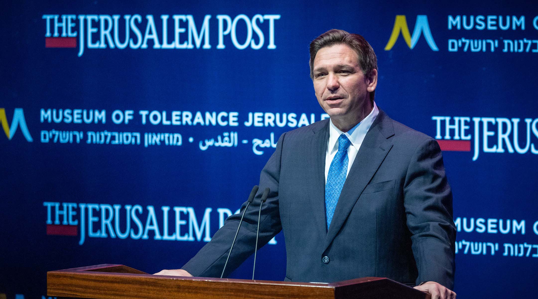 Florida Gov. Ron DeSantis speaks at a Jerusalem Post conference at the Museum of Tolerance in Jerusalem on April 27, 2023. (Yonatan Sindel/Flash90)