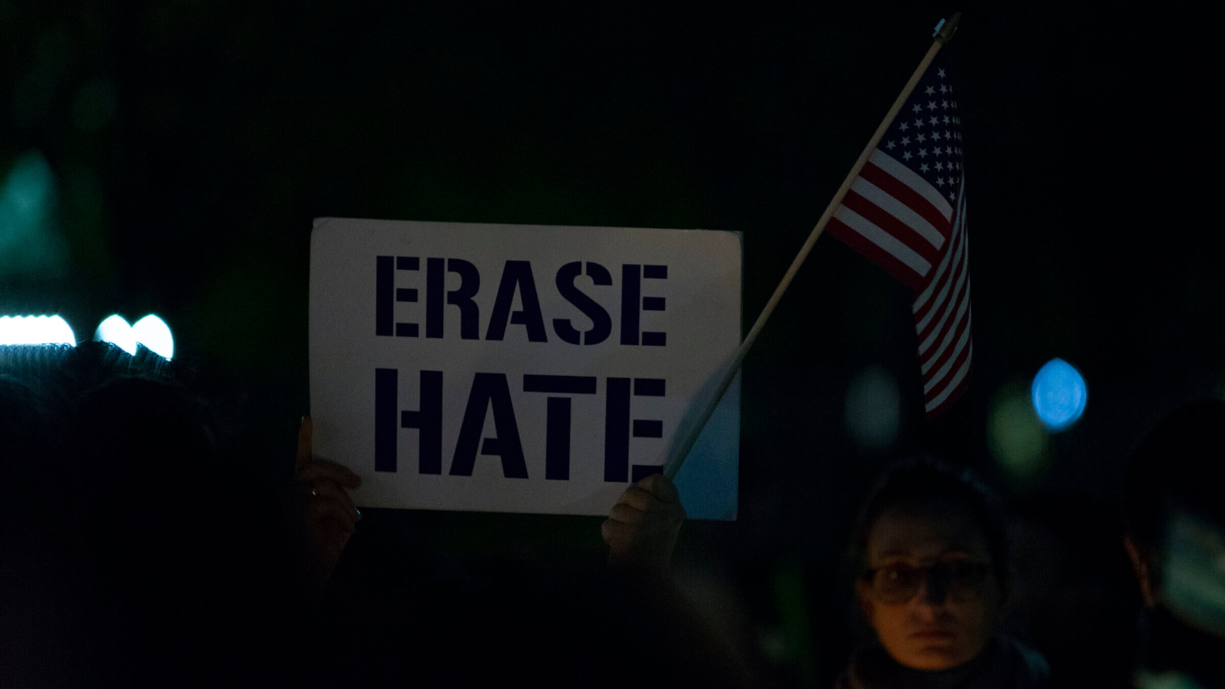"Erase Hate" sign at a 2018 vigil in Washington, D.C., for the victims of Pittsburgh's Tree of Life Congregation shooting.  
