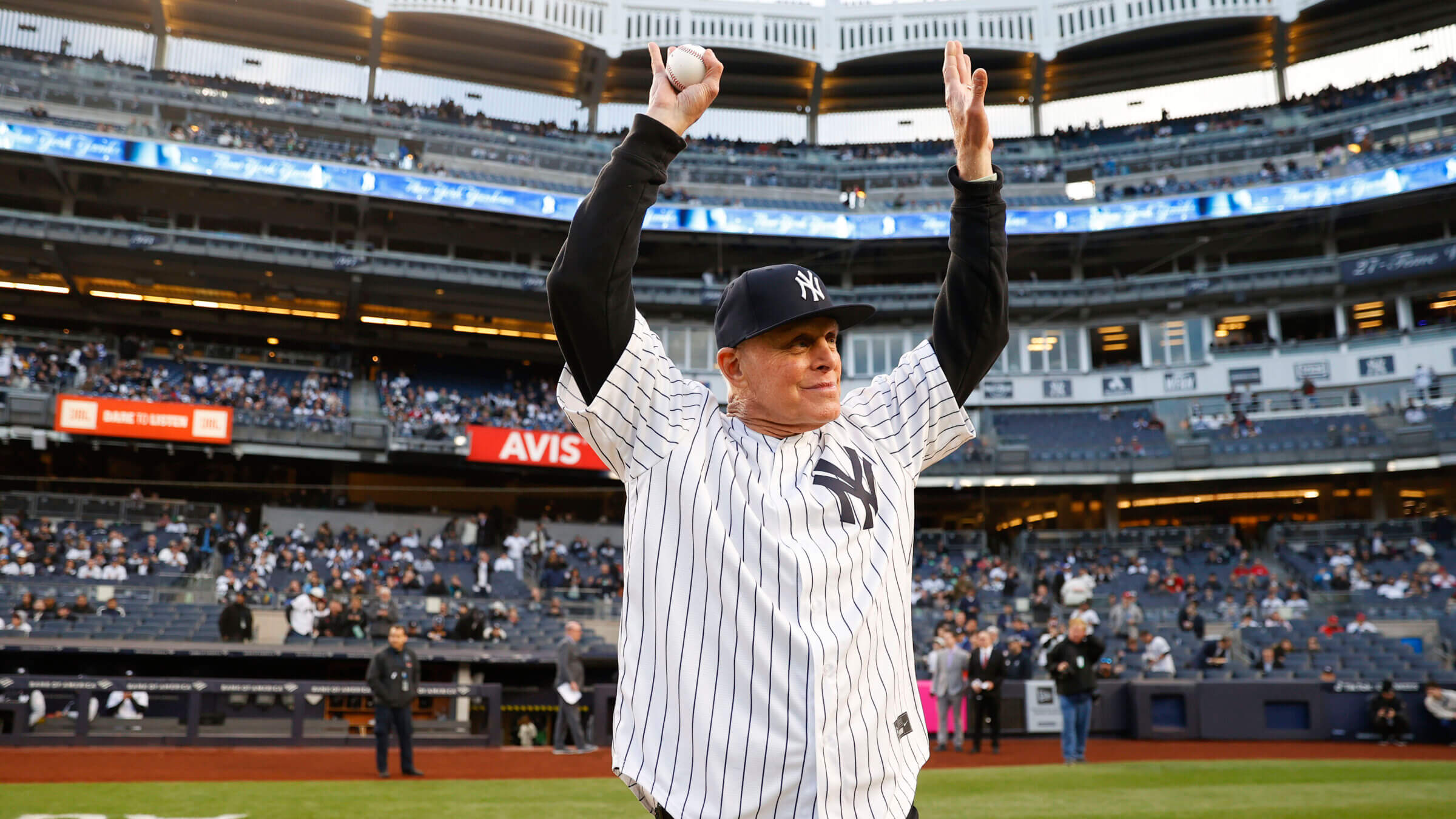 Ron Blomberg throws out the ceremonial first pitch against the Philadelphia Phillies at Yankee Stadium on April 3, 2023.