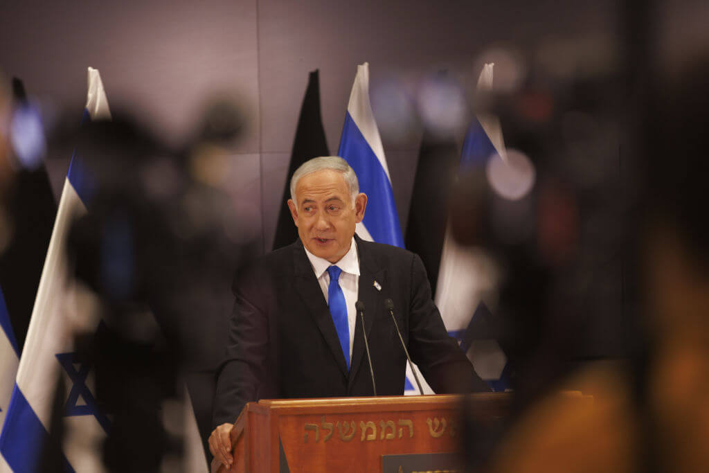 Israeli Prime Minister Benjamin Netanyahu at a press conference on April 10, 2023.