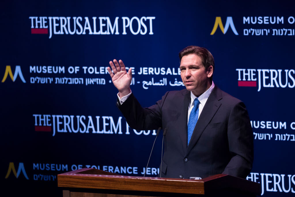Florida Gov. Ron DeSantis gives a speech during the Jerusalem Post conference at the Museum of Tolerance on April 27, 2023 in Jerusalem.