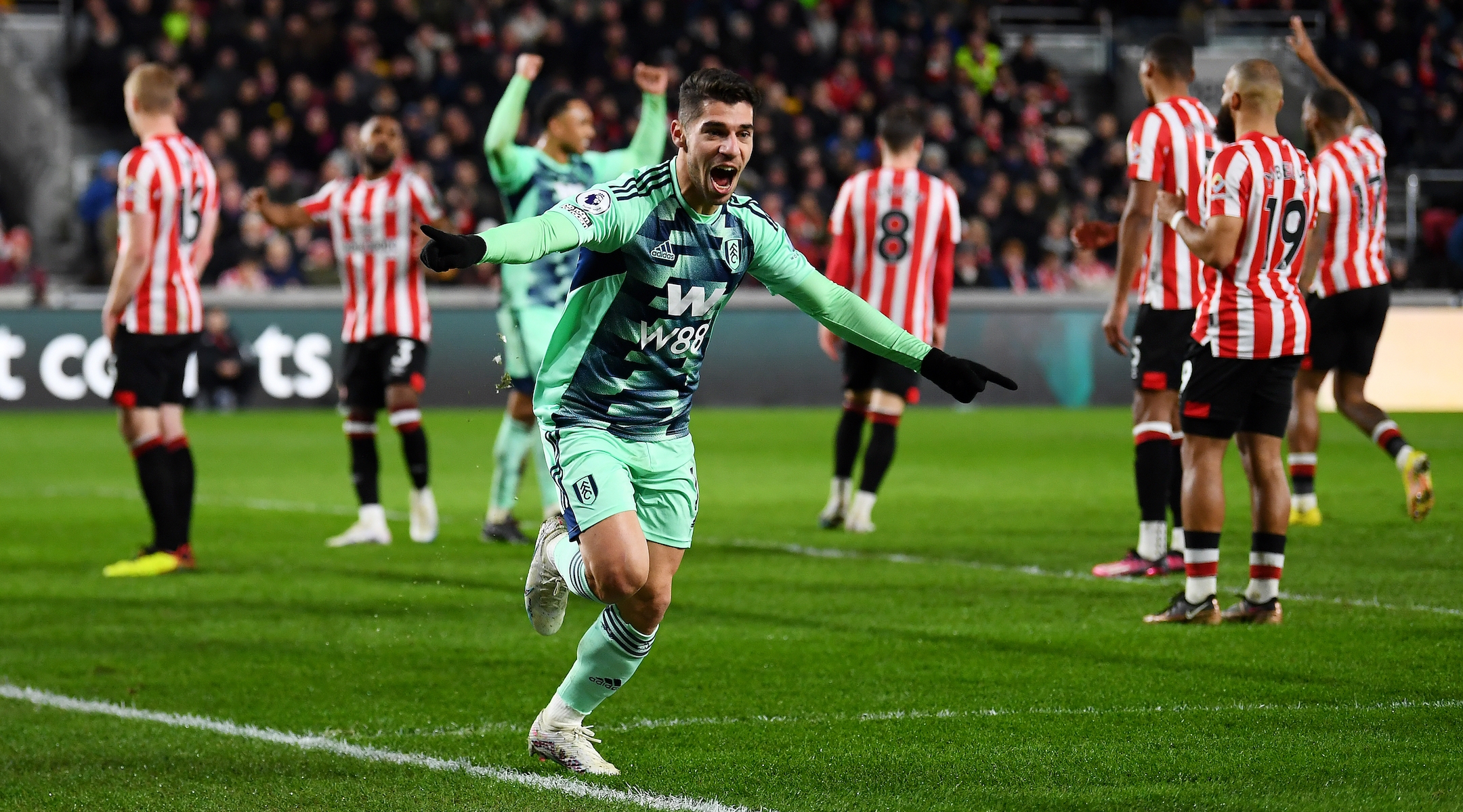 Manor Solomon celebrates after scoring a goal during the Premier League match between Brentford FC and Fulham FC, March 6, 2023. (Alex Davidson/Getty Images)