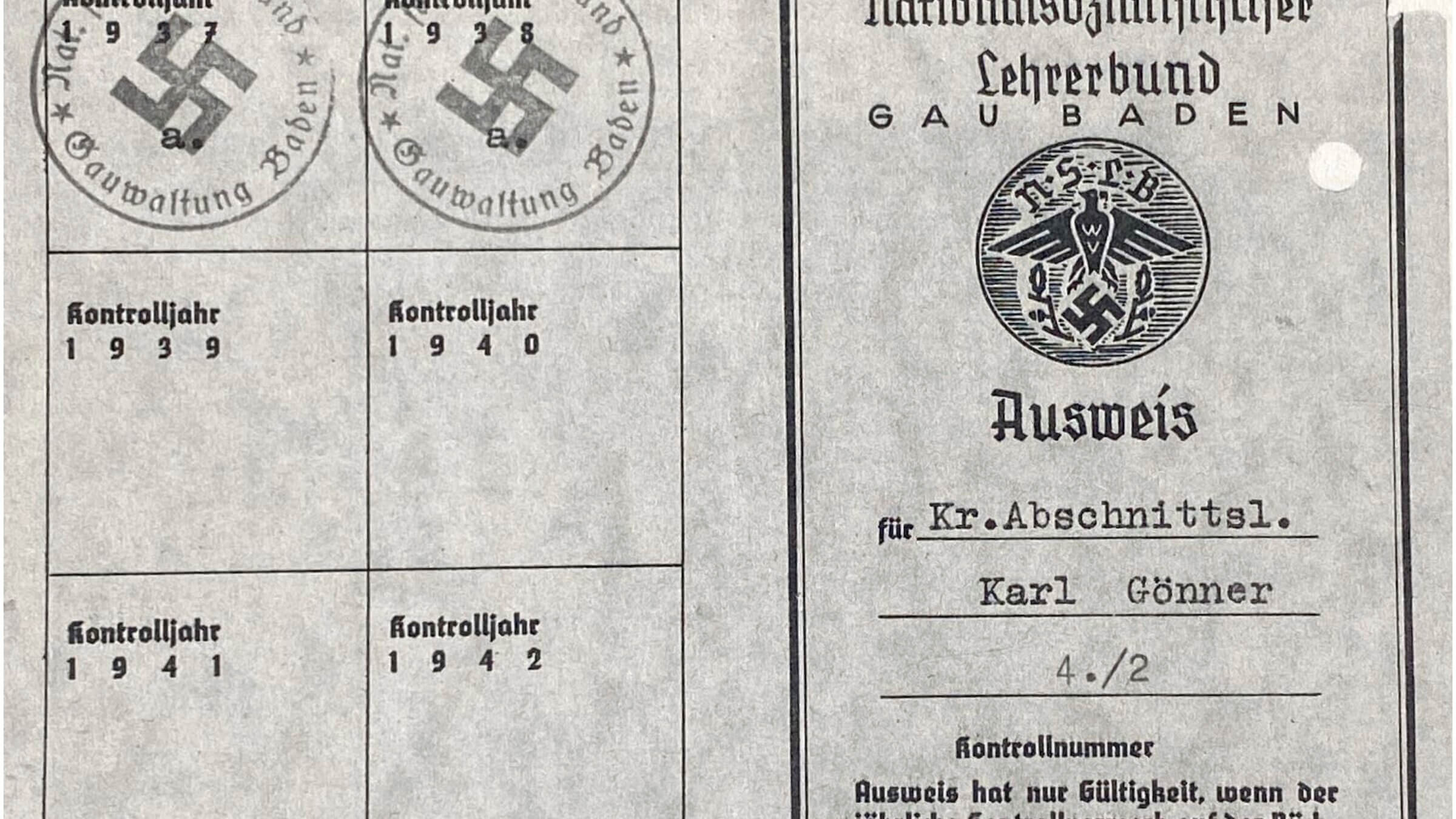 The Nazi membership card of Karl Gönner, who was Burkhard Bilger's maternal grandfather.