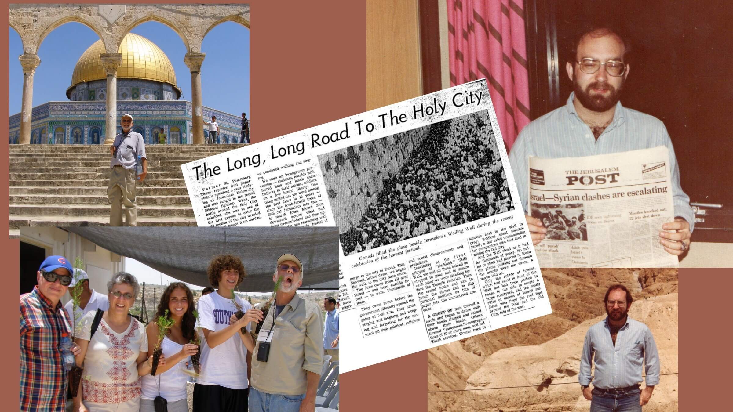 A newspaper clipping by Ami Saperstein Zusman about their trip to Israel, center, and photos from Morris Weinner, arranged left, and Van Wallach, arranged right. 