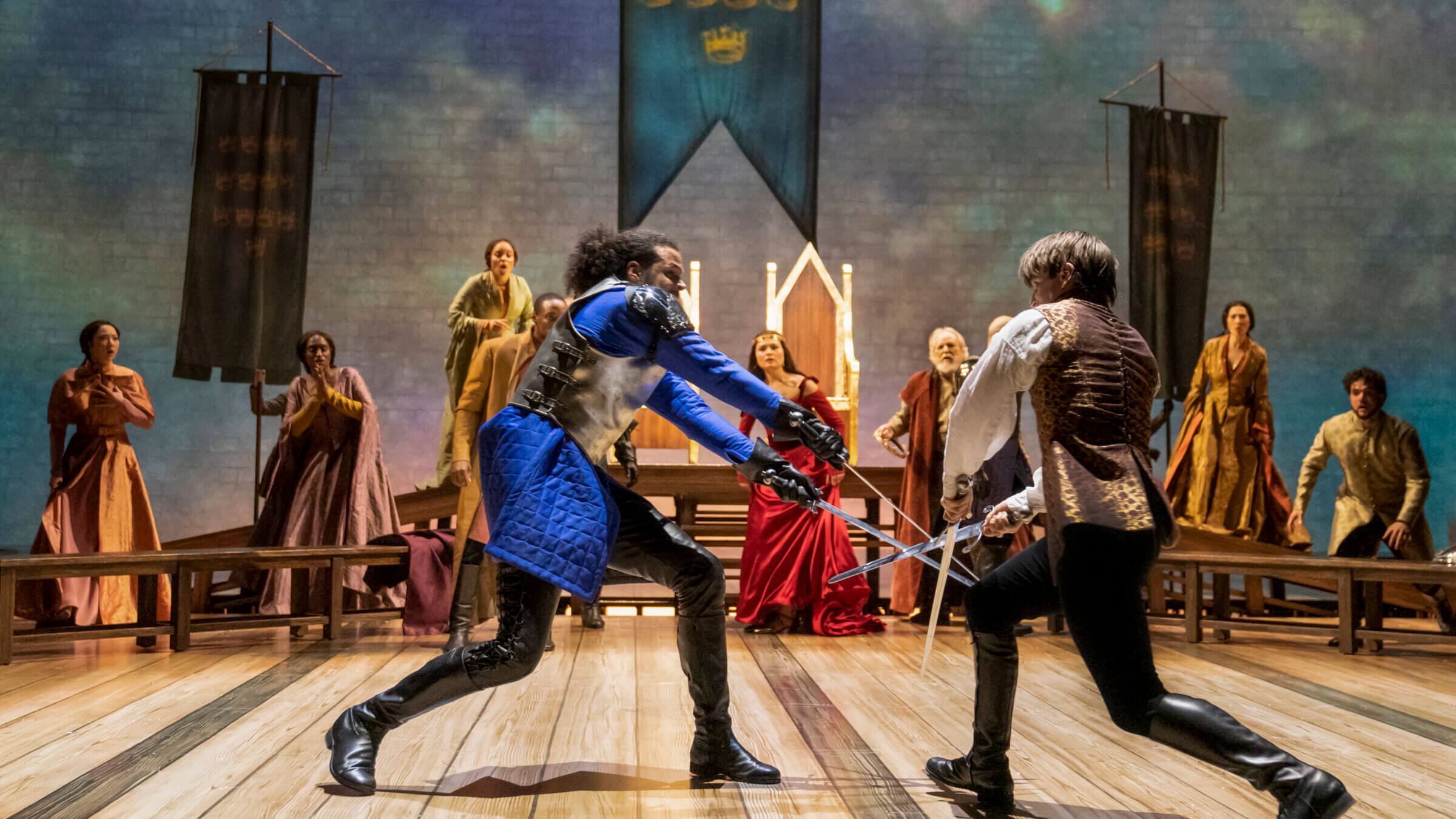 Lancelot (Jordan Donica) and King Arthur (Andrew Burnap) in Lincoln Center's revival of Camelot.