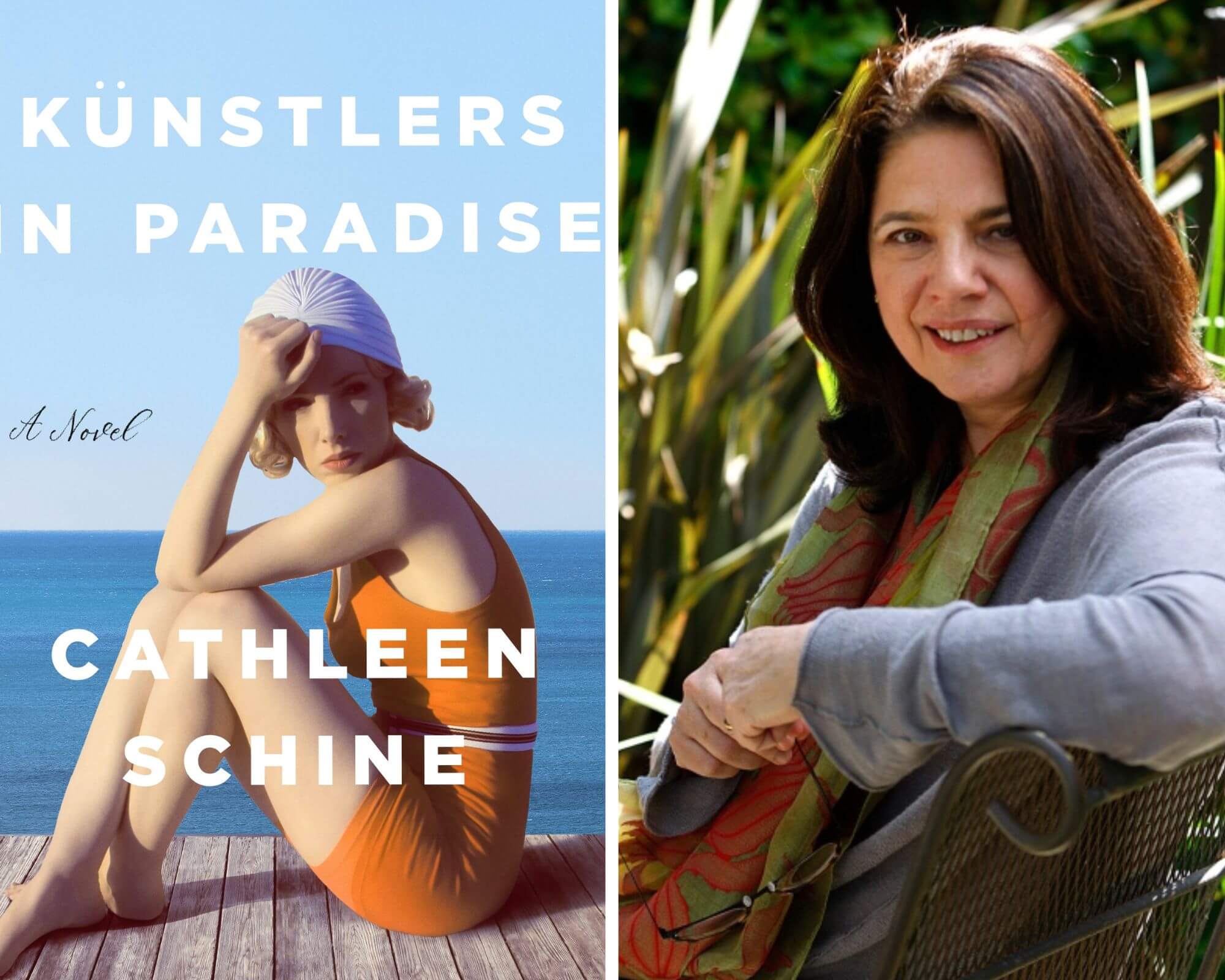 A headshot of the author Cathleen Schine next to a photo of the book cover of 'Künstlers in Paradise.'