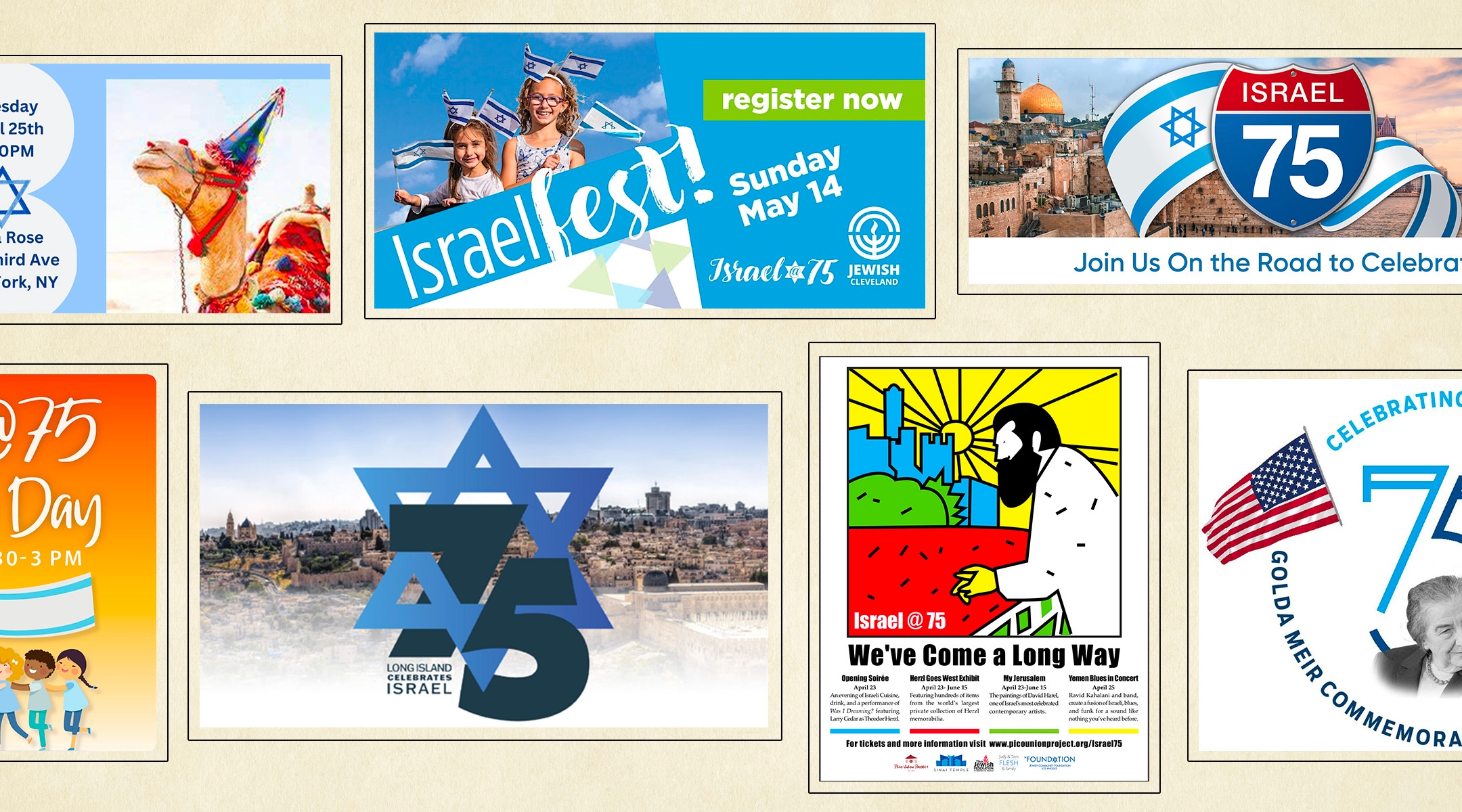 Posters advertise Israel at 75 events across the United States in April 2023. (Collage by Grace Yagel)