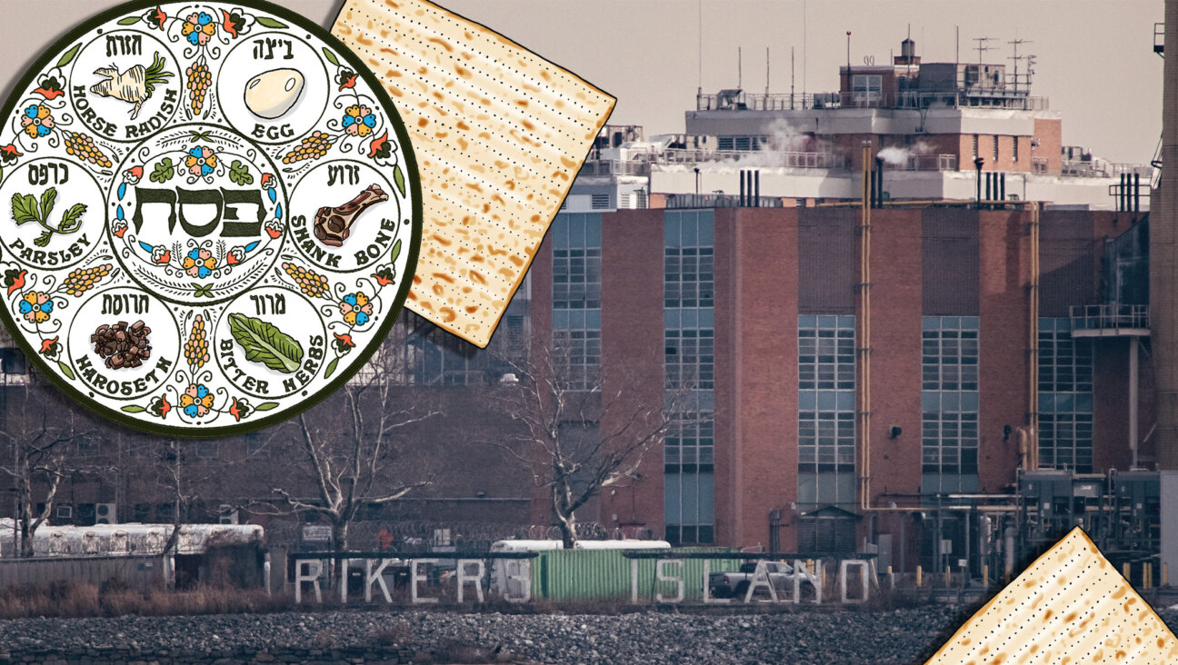 A general view shows the Rikers Island jail complex in the East River of New York, from Queens, on January 13, 2022, with a Passover seder and matzah illustration. (Ed JONES/Getty Images/ Illustration by Mollie Suss)