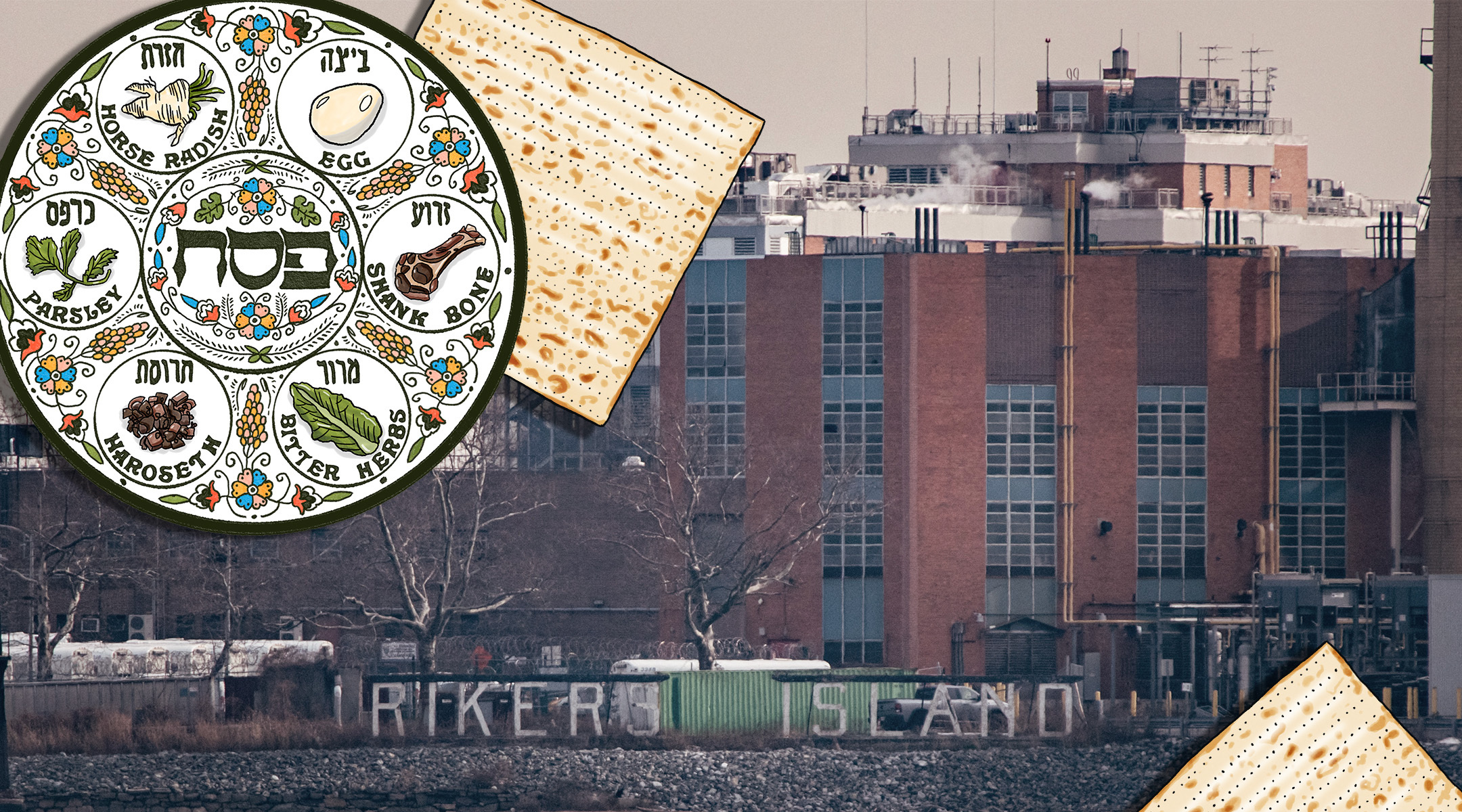 A general view shows the Rikers Island jail complex in the East River of New York, from Queens, on January 13, 2022, with a Passover seder and matzah illustration. (Ed JONES/Getty Images/ Illustration by Mollie Suss)