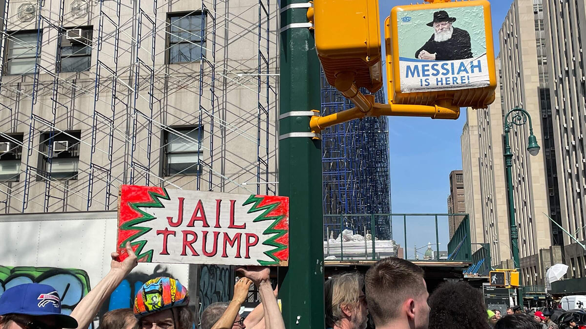 The scene outside the New York court where former President Donald Trump was charged Tuesday. (Jacob Kornbluh)