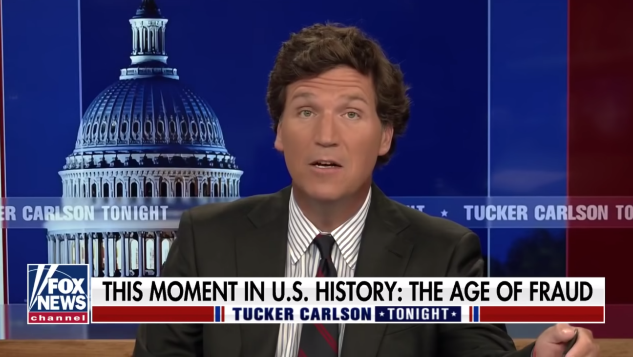 Tucker Carlson speaking on Fox News on April 9, 2021. Carlson’s comments about immigrants prompted the Anti-Defamation League to call for his firing. (Screen shot)