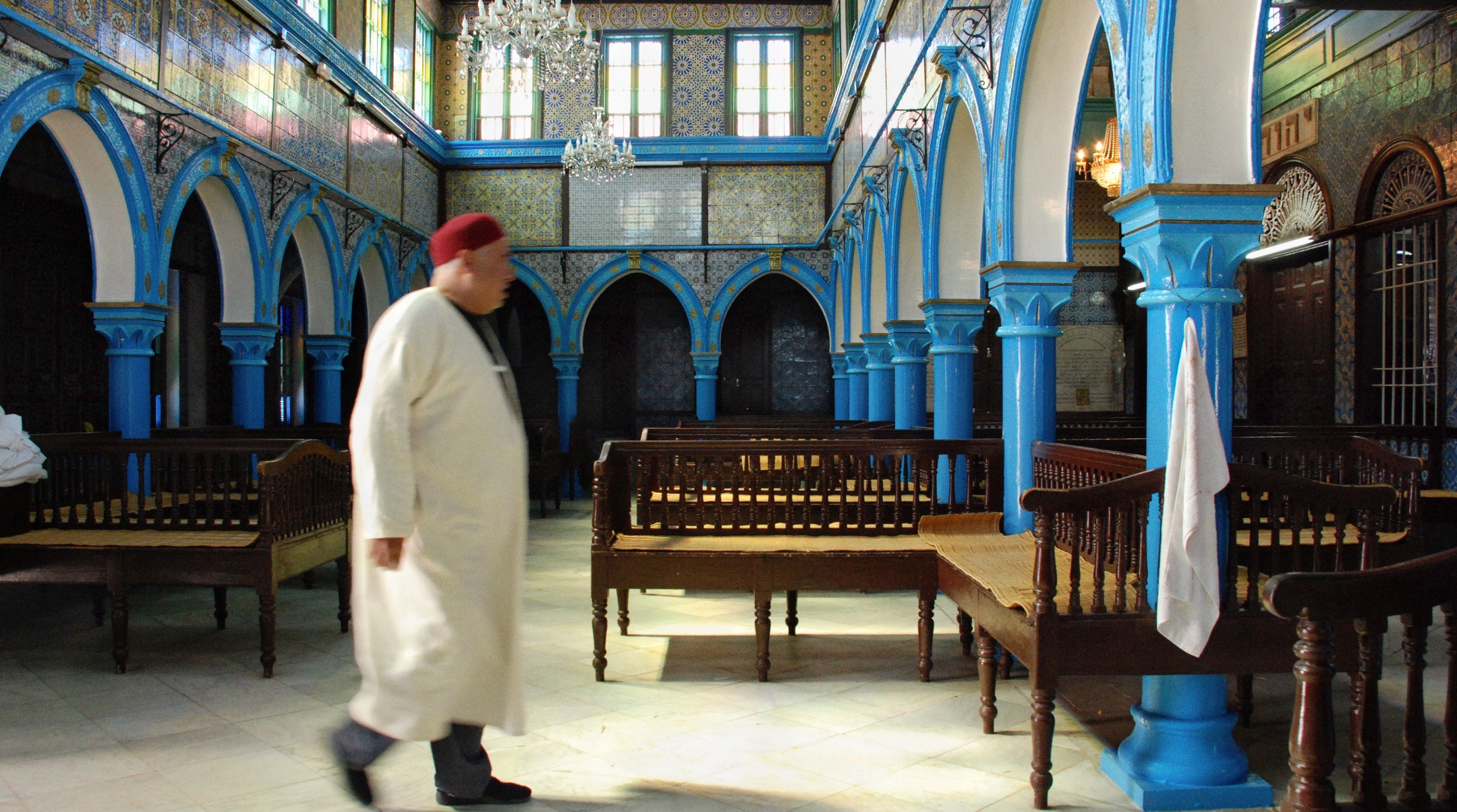 Interior of La Ghriba Synagogue, Djerba, Tunisia (Photo courtesy of Chrystie Sherman/Diarna Geo-Museum of North African & Middle Eastern Jewish Life)