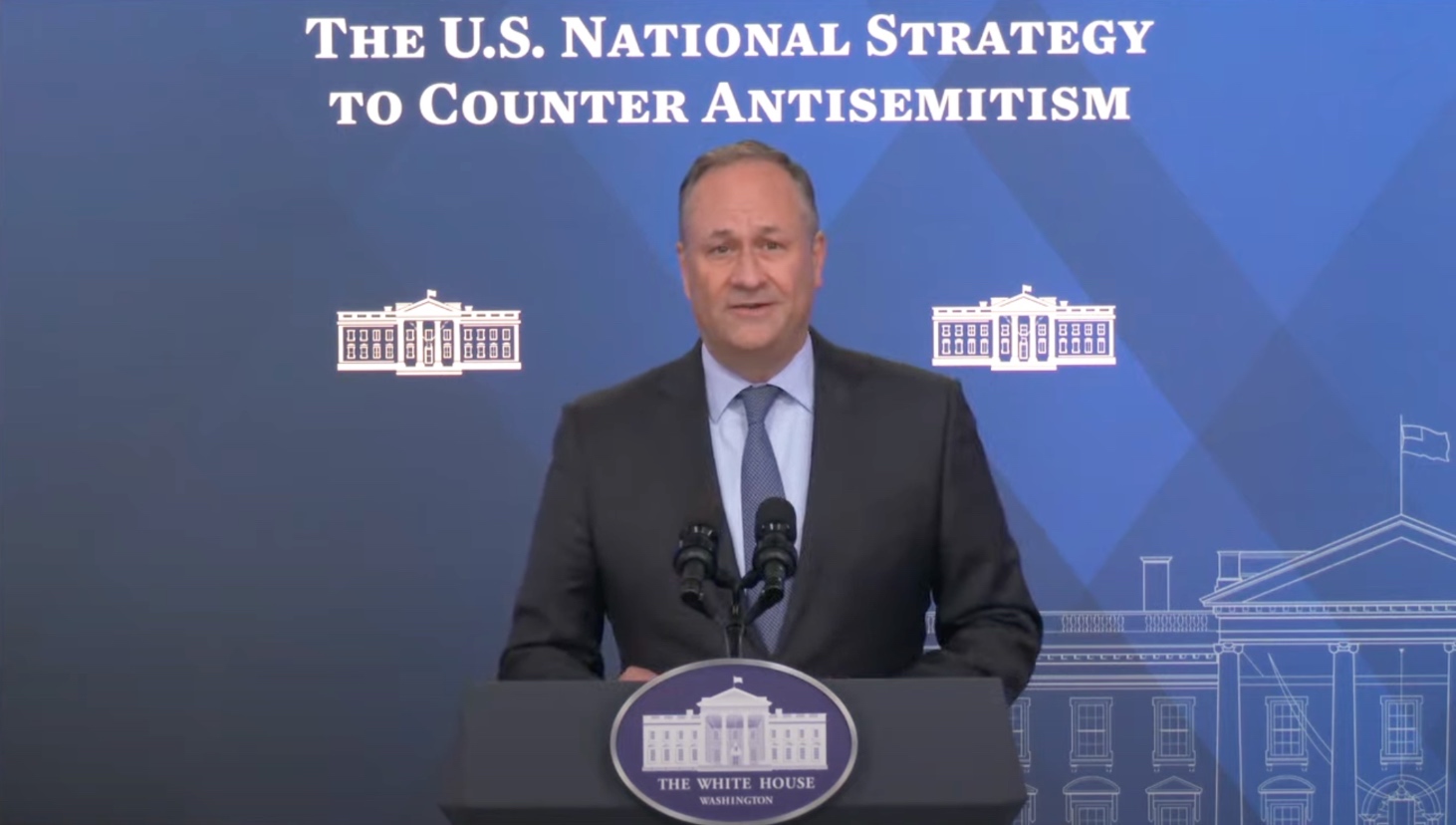 Second Gentleman Douglas Emhoff speaks about the Biden administration’s antisemitism strategy at the State Department, May 25, 2023. (Screenshot)