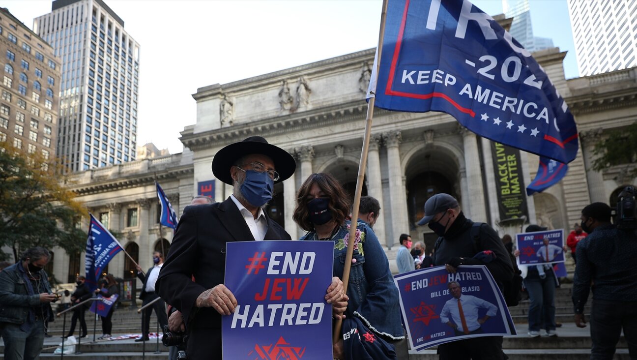 Jews are gathered in front of the New York Public Library on 5th Ave. to protest anti-semitism as ‘End Jew Hatred’ in Manhattan of New York City, United States on October 15, 2020. (Tayfun Coskun/Getty)