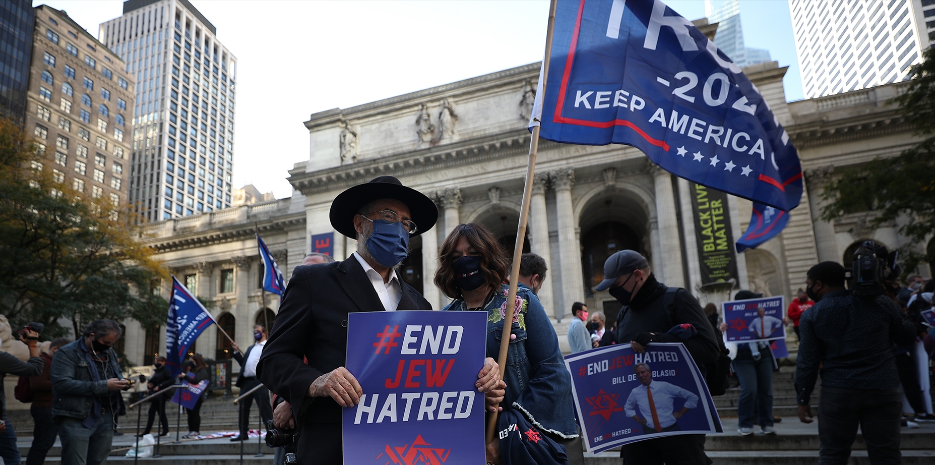 Jews are gathered in front of the New York Public Library on 5th Ave. to protest anti-semitism as ‘End Jew Hatred’ in Manhattan of New York City, United States on October 15, 2020. (Tayfun Coskun/Getty)