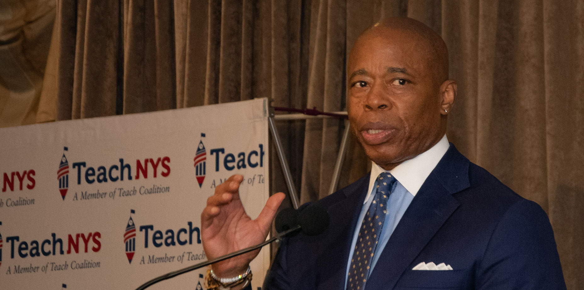 New York City Mayor Eric Adams delivers remarks at the Teach NYS annual dinner on Wedensday, May 10, 2023. (Benny Polatseck/Mayoral Photography Office)