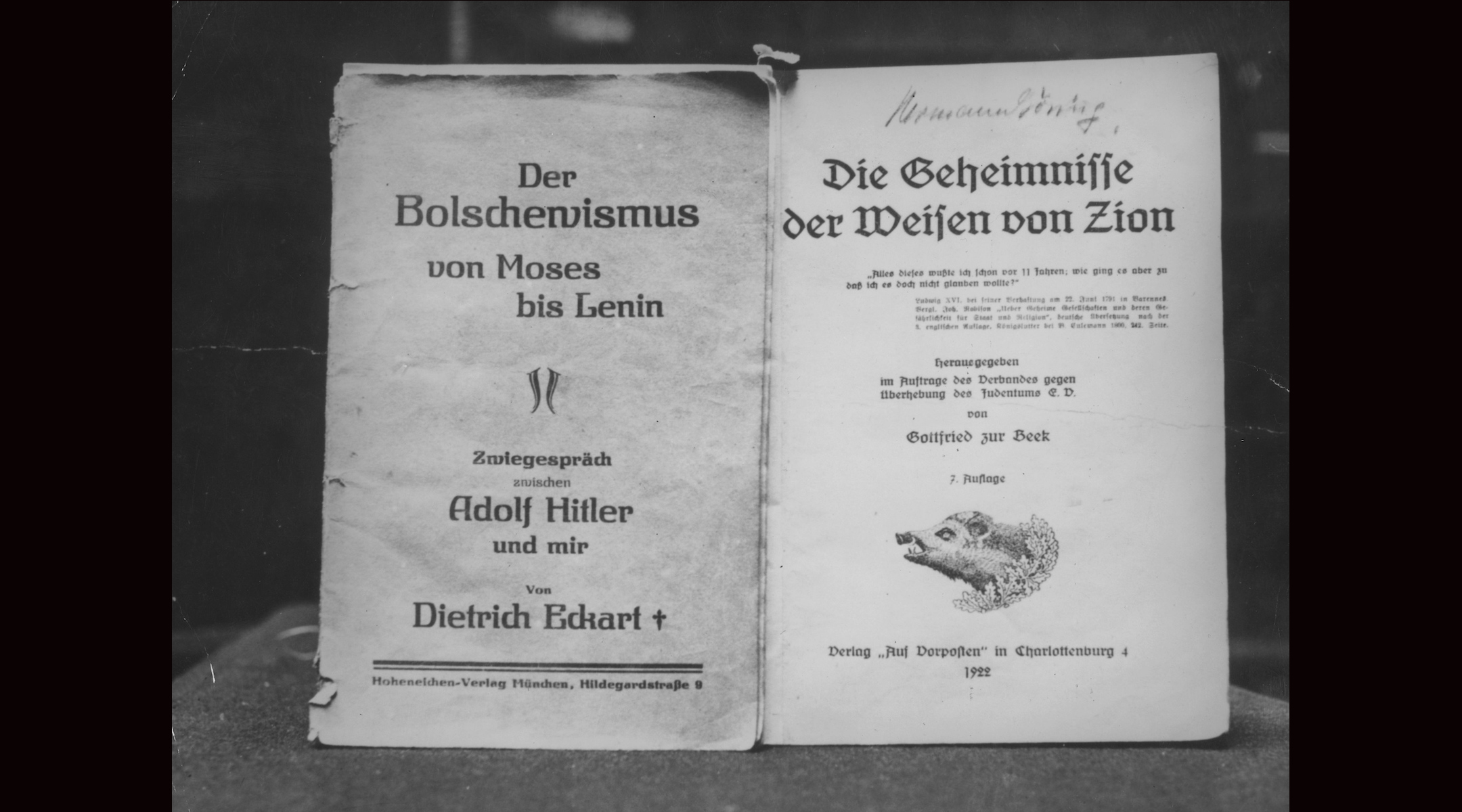 The title pages of a Nazi-published version of “The Protocols of the Elders of Zion,” an antisemitic text, circa 1935. (Photo by Hulton Archive/Getty Images)