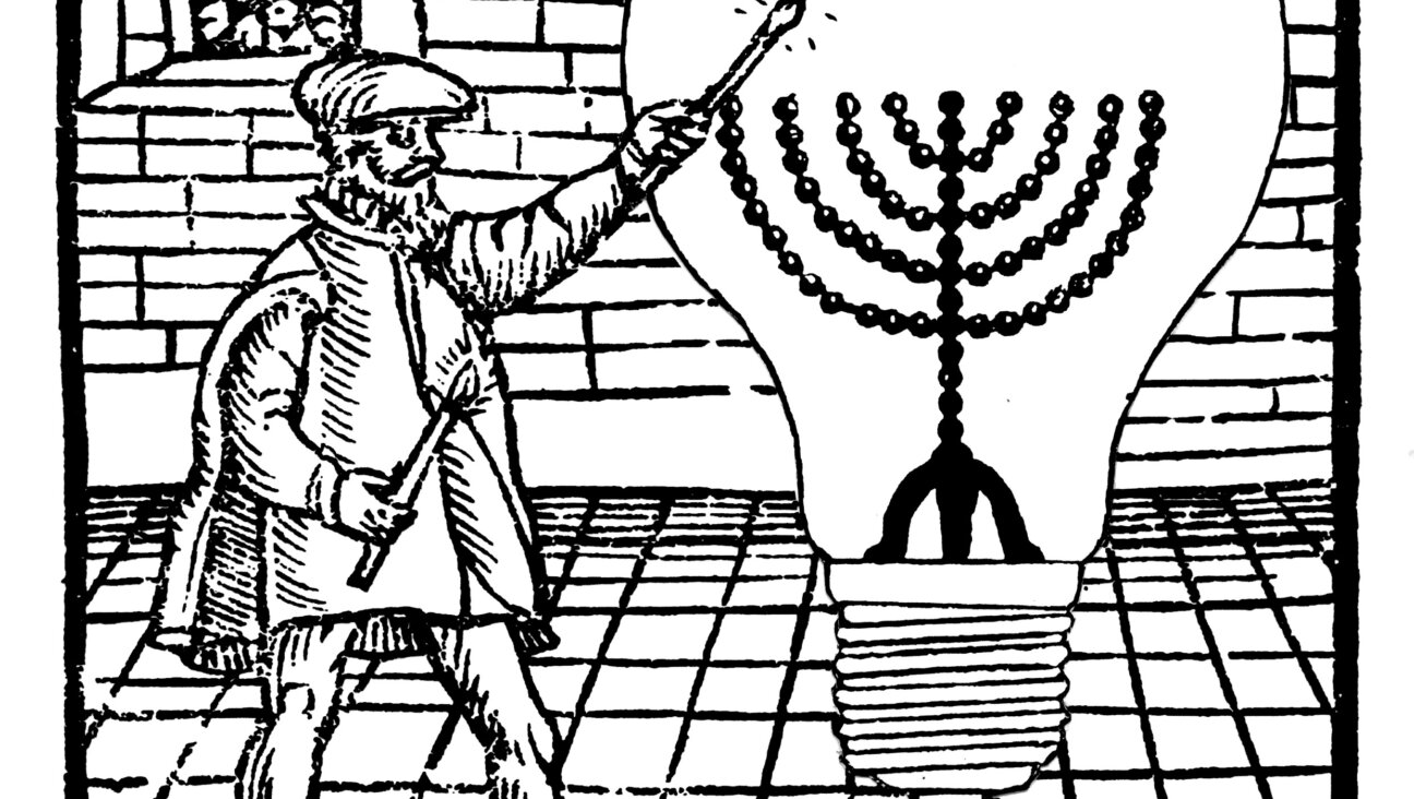 Podwal adds a lightbulb to the menorah lighting, an update to the original 16th century woodcut.