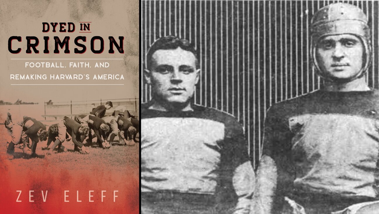 The new book “Dyed in Crimson” shares the story of Harvard football captain and coach Arnold Horween, right, shown here with his brother Ralph. (Book cover courtesy of Zev Eleff, Horween photo via Wikimedia Commons)