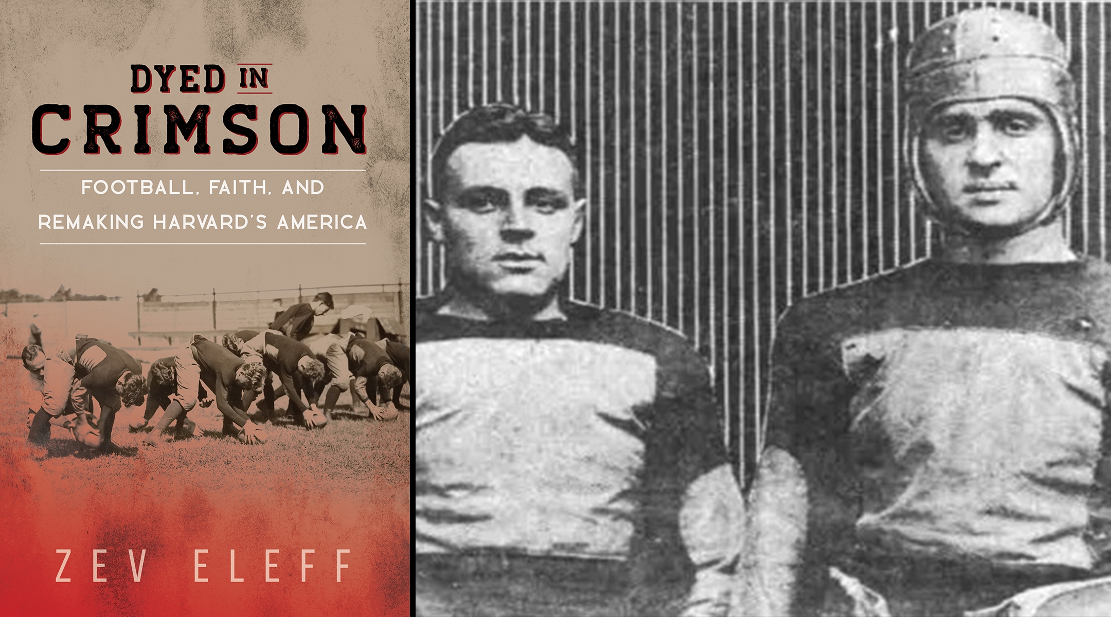 The new book “Dyed in Crimson” shares the story of Harvard football captain and coach Arnold Horween, right, shown here with his brother Ralph. (Book cover courtesy of Zev Eleff, Horween photo via Wikimedia Commons)