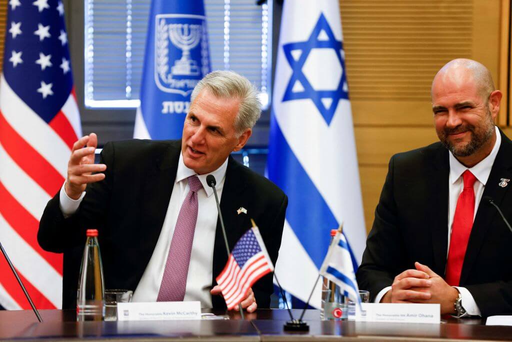 US House Speaker Kevin McCarthy (L) and his Israeli counterpart Amir Ohana hold a bilateral meeting at the Israeli parliament, in Jerusalem on April 30, 2023. (Photo by Getty)