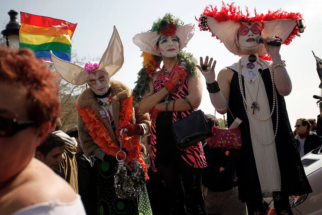 Members of the Sisters of Perpetual Indulgence gather at Bastille square to protest against homophobia on April 21, 2013 in Paris.