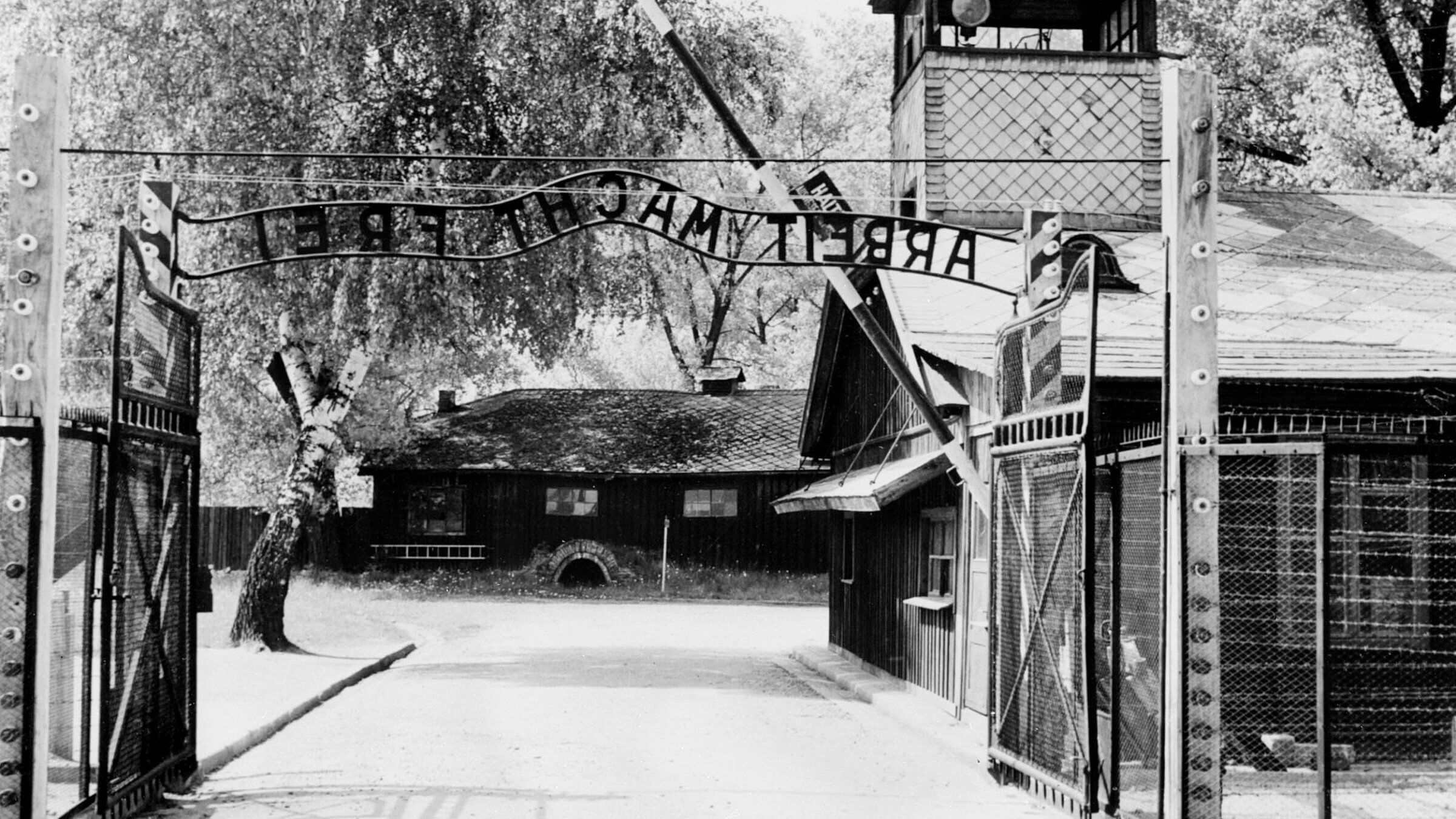 A picture taken in April 1945 depicts Auschwitz concentration camp gate, with the inscription "Arbeit macht frei," after its liberation by Soviet troops in January 1945. A New York City auction house is selling a number of Holocaust-related items, including some from concentration camps like Auschwitz.