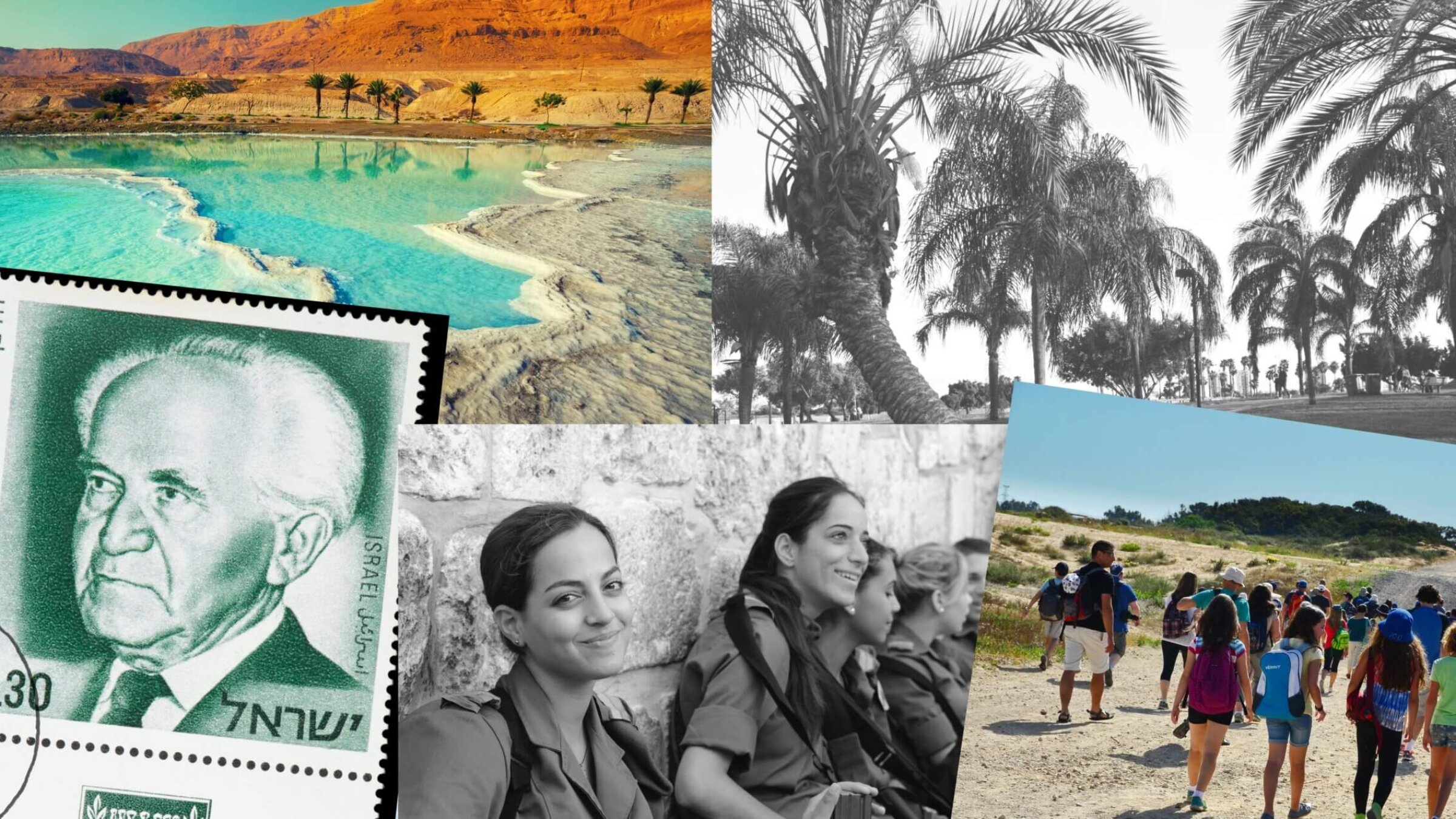 From top left: The Dead Sea, Israeli palm trees, Israeli children hiking, IDF soldiers at the Western Wall, David Ben-Gurion on a stamp. 

Illustration by Tani Levitt/Getty/istock/Canva