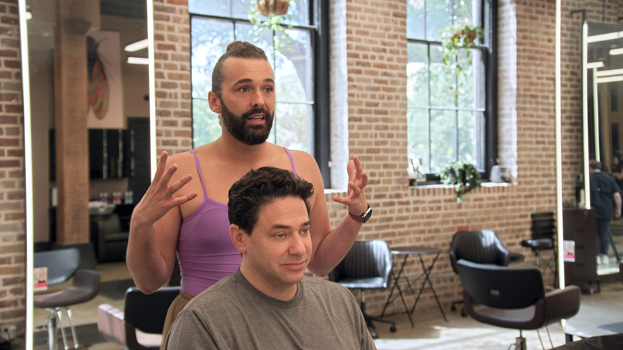 Jonathan Van Ness does Dan Stein's hair, including a beard shave and a uh, knee scrub.
