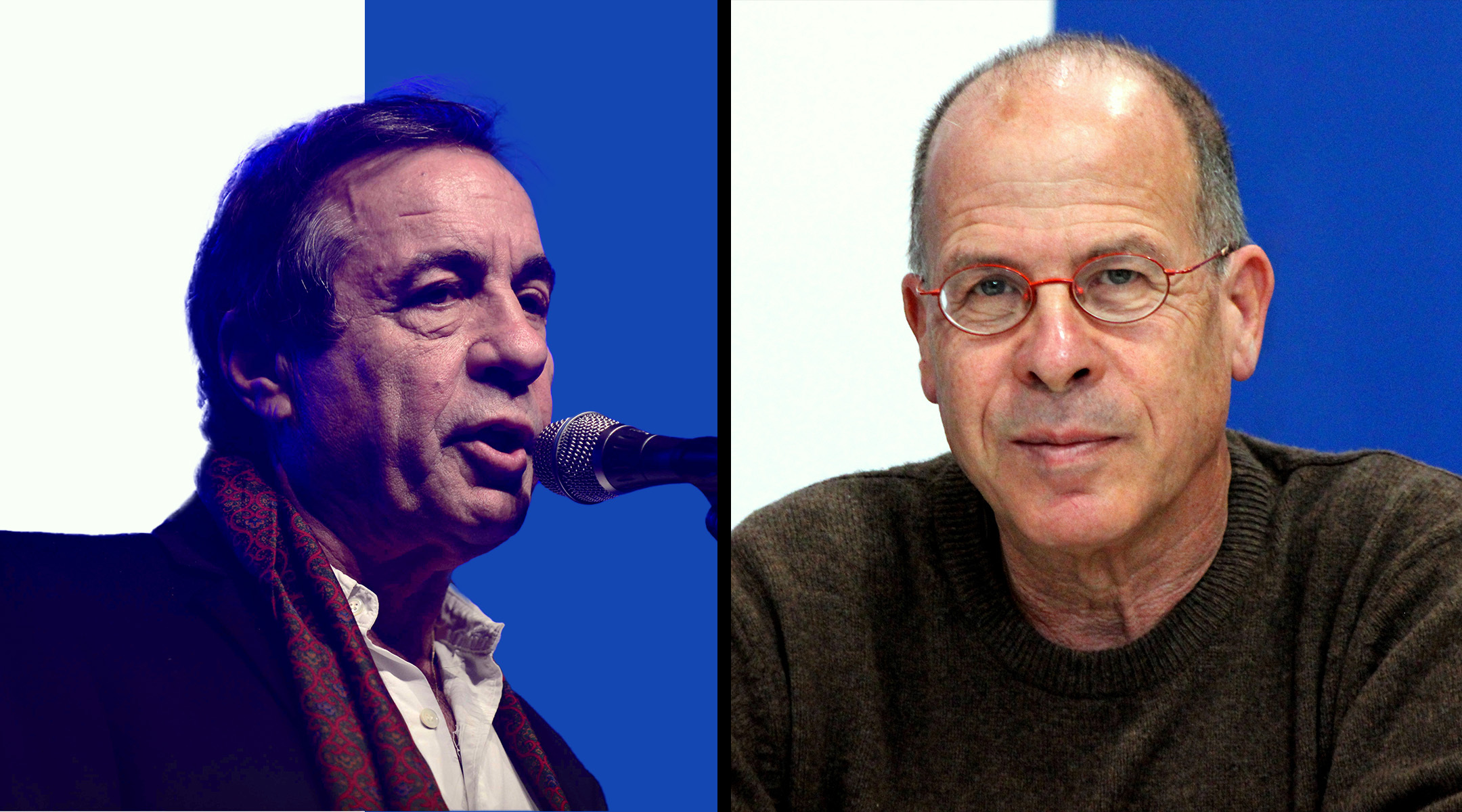 Yehonatan Geffen, a journalist, songwriter and actor, and Meir Shalev, an award-winning novelist, were part of the first generation of Israeli artists and entertainers to grow up after the state gained its independence. (Geffen: Tomer Neuberg/Flash90. Shalev: Lesekreis/Wikipedia)