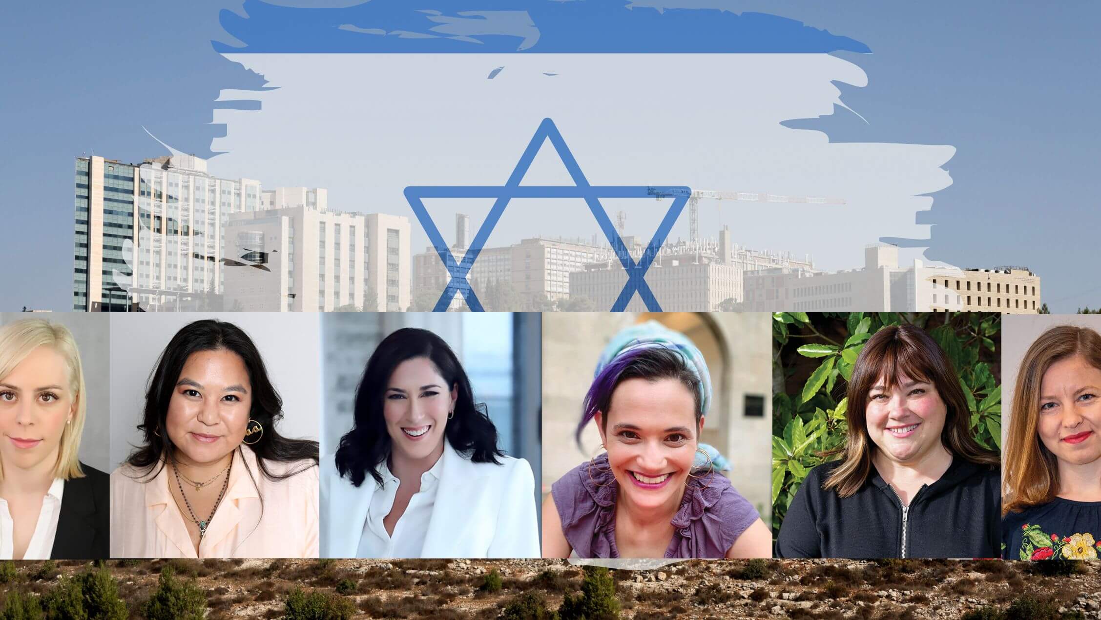 Hadassah's Jerusalem hospital, along with some of the featured women. Left to right: Emily Schrader, Amy Albertson, Leah Soibel, Naava Shafner, ChayaLeah Safrin and Ana Sazanov.
