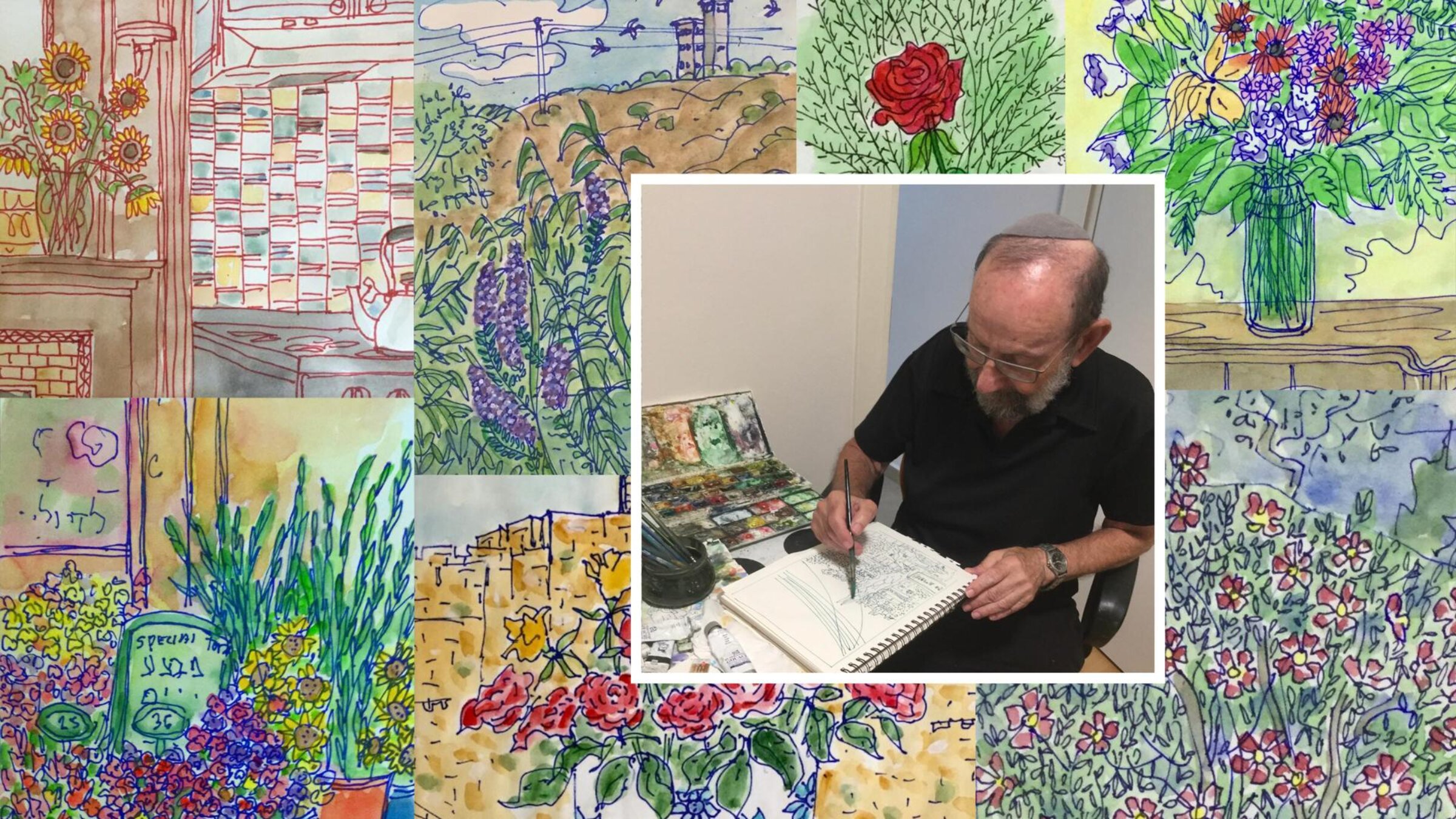 Reuven Dattner, 79, drawing in his home in Petah Tikva, and some of the 500-plus "Flowers for Shabbat" artworks he has created every week for a decade.
