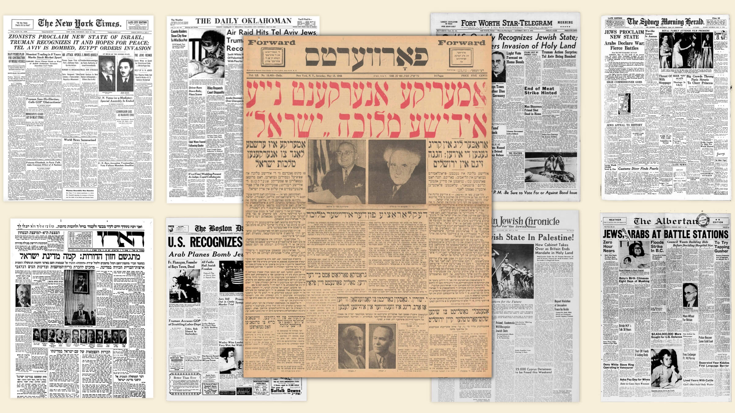 The front pages of newspapers from around the world covering Israel's declaration of independence on May 14, 1948.