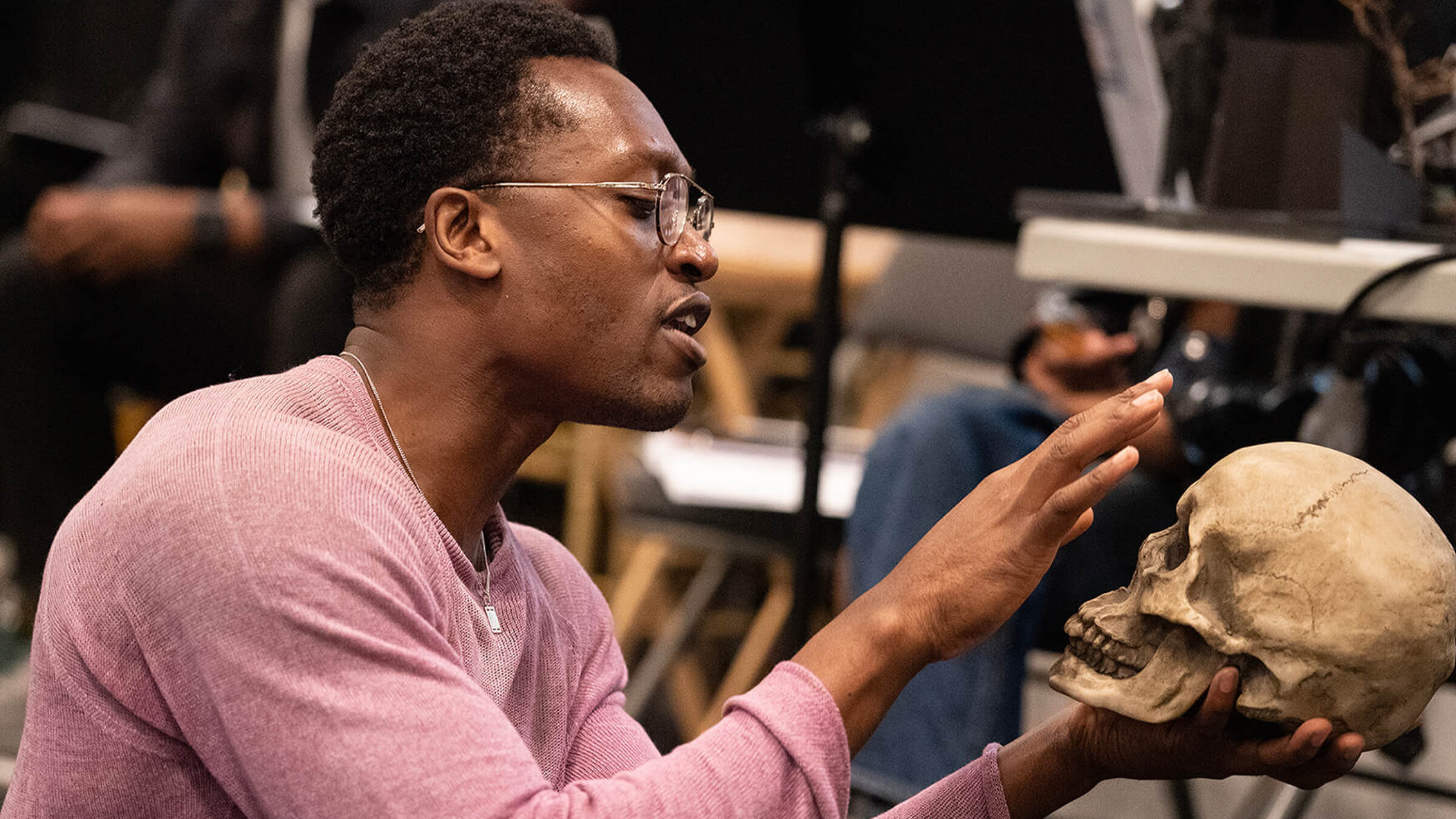 Ato Blankson-Wood rehearses the title role in <i>Hamlet</i>, directed by Kenny Leon for Central Park's Shakespeare in the Park.
