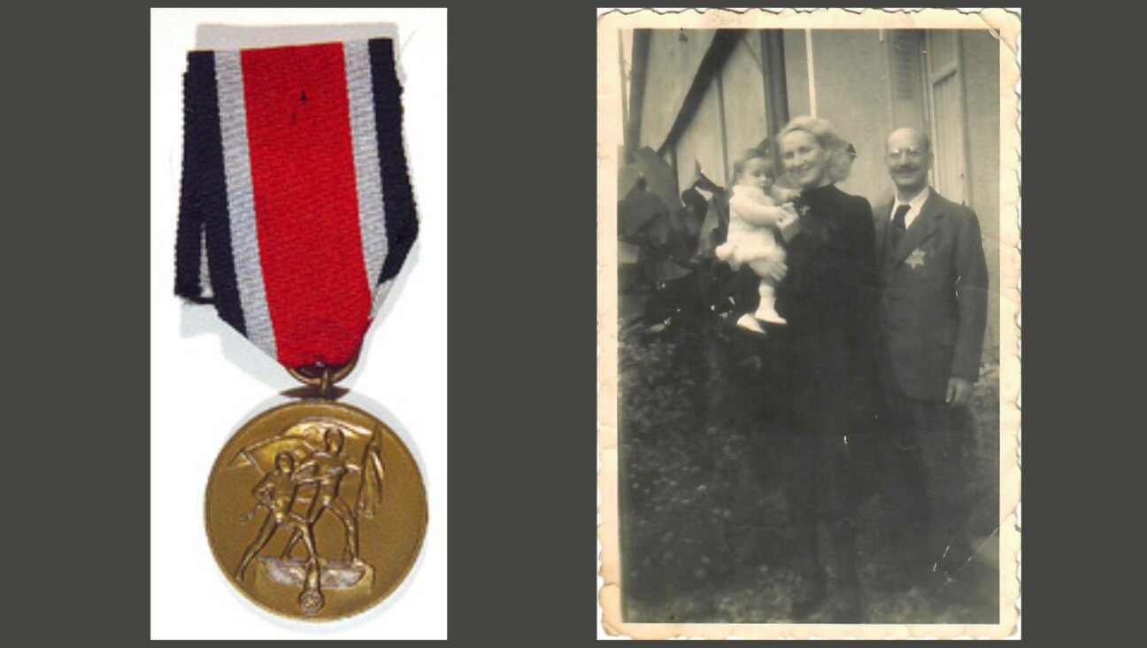 Left, Hitler Youth medal won by Nazi soldier Hans Sukowski. Right, Hans' mother, Elly, holding a neighbor's baby, standing next to her husband, Israel Schaechter, with a yellow star on his jacket, in Nazi-occupied France. 