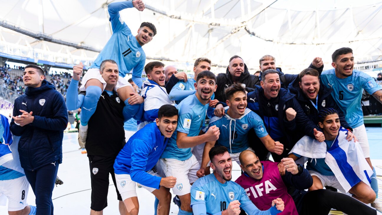 Israel’s under-20 men’s soccer teams celebrates winning third place at the FIFA U-20 World Cup in La Plata, Argentina, June 11, 2023. (Marcio Machado/Eurasia Sport Images/Getty Images)