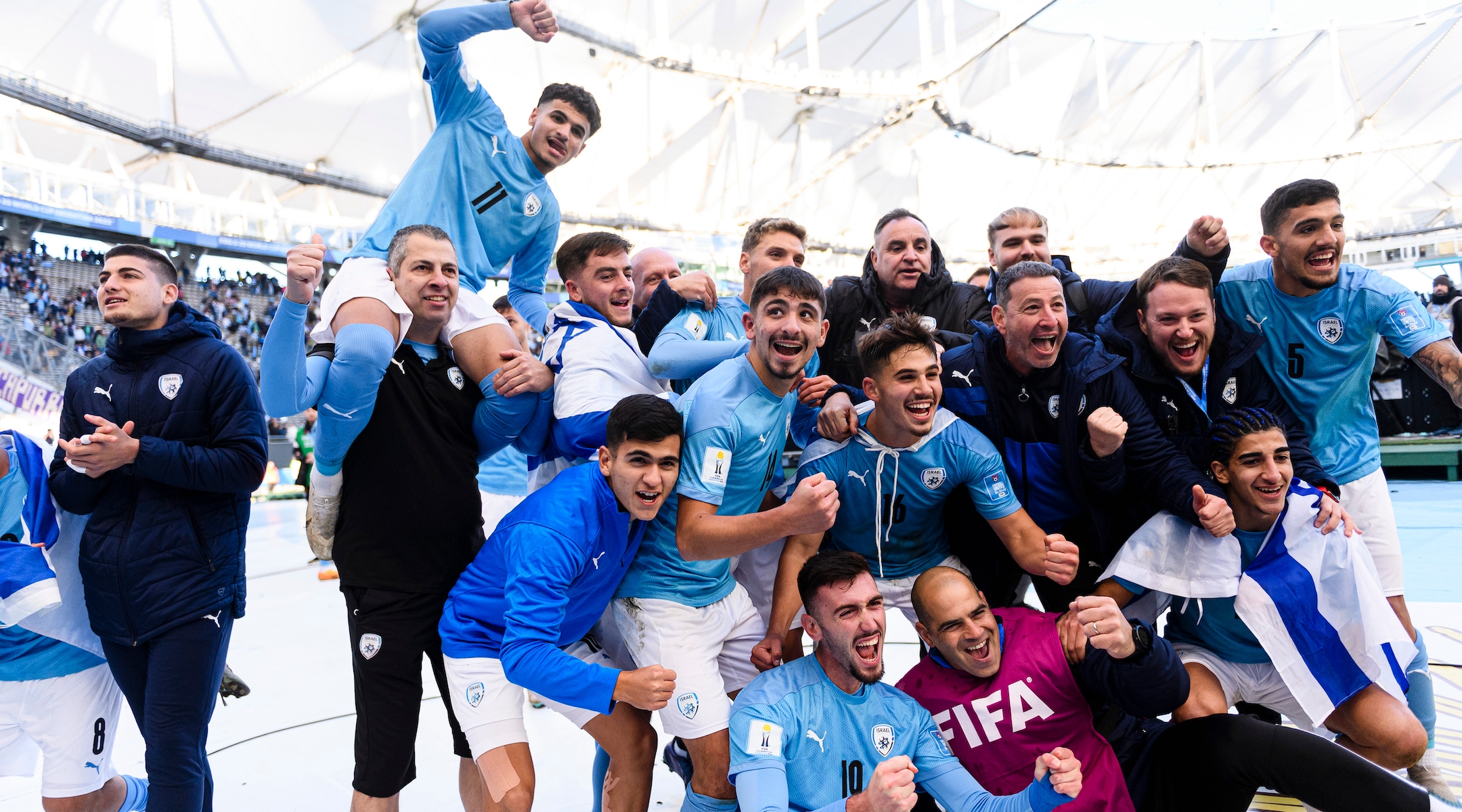 Israel’s under-20 men’s soccer teams celebrates winning third place at the FIFA U-20 World Cup in La Plata, Argentina, June 11, 2023. (Marcio Machado/Eurasia Sport Images/Getty Images)