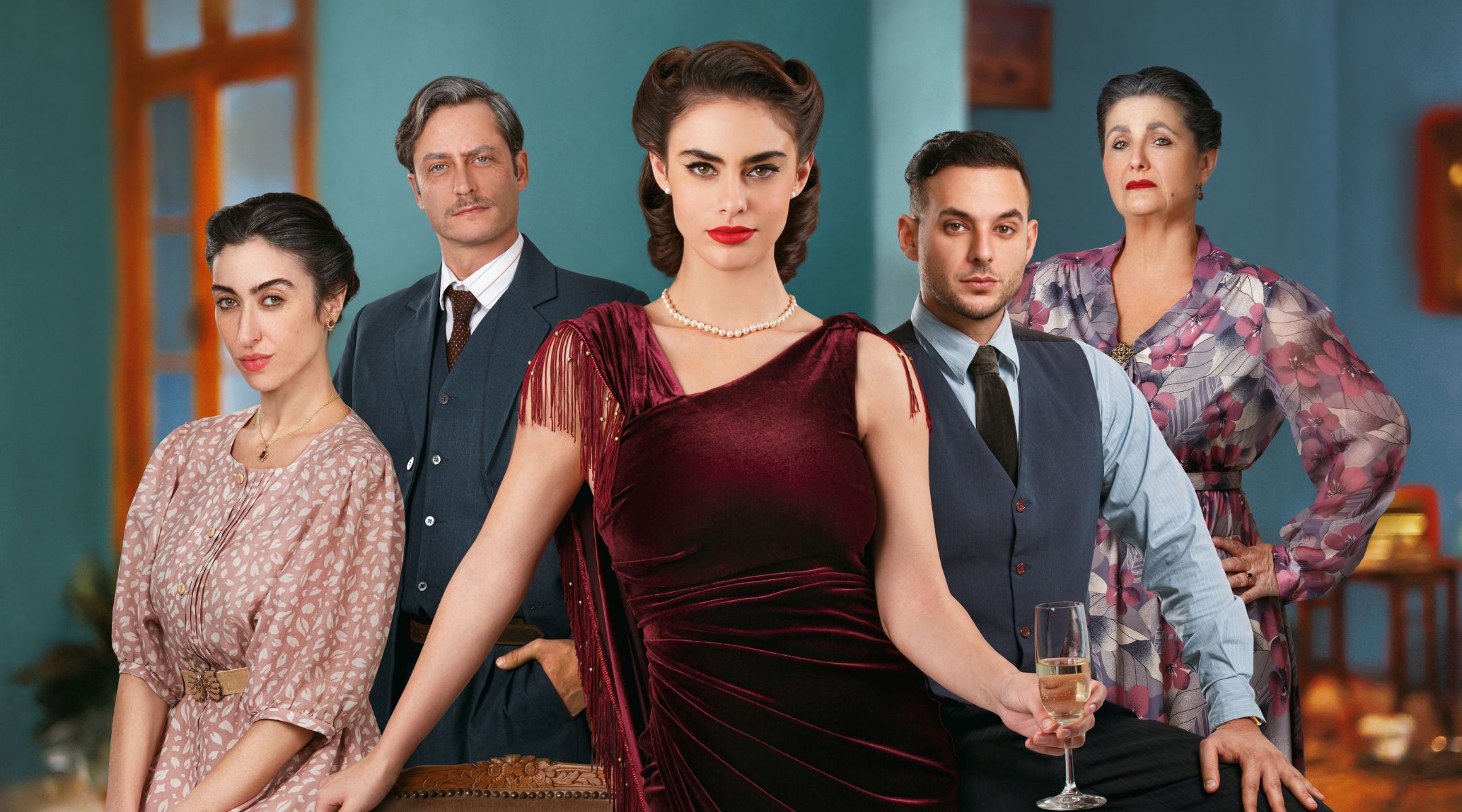The main cast of “The Beauty Queen of Jerusalem” pictured from left to right: Rosa (Hila Saada), Gabriel (Michael Aloni), Luna (Swell Ariel Or), David (Israel Ogalbo), Merkada (Irit Kaplan) (Courtesy of yes Studios)
