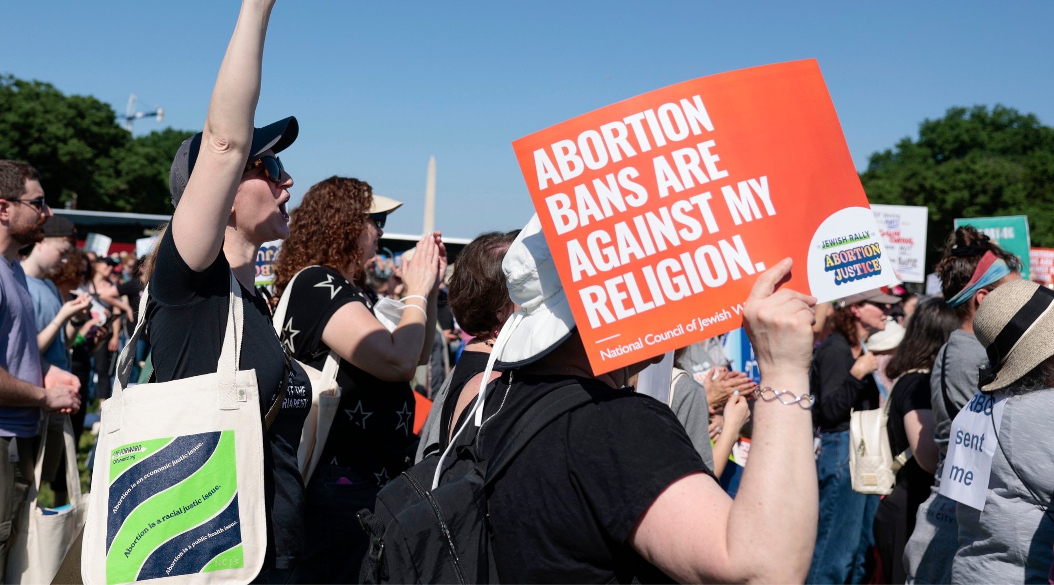 A protestor holds a sign saying “Abortion bans are against my religion” at the May 2022 Jewish Rally For Abortion Justice in Washington, D.C. (Anna Moneymaker via Getty)