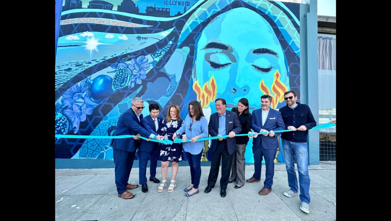 Los Angeles leaders cut the ribbon for the unveiling of a new mural in the Pico-Robertson neighborhood. (Pictured from left to right: Ilan Davidson, President of LA County Commission on Human Relations; Robin Toma, executive director of LA County Commission on Human Relations; Supervisor Lindsey Horvath; Councilwoman Katy Yaroslavsky; Jeff Abrams, ADL Los Angeles regional director; Rabbi Rebecca Schatz, Temple Beth Am; Rabbi Noah Farkas, President and CEO of The Jewish Federation of Greater Los Angeles; Senator Ben Allen. Image courtesy of the Jewish Federation of Greater Los Angeles)