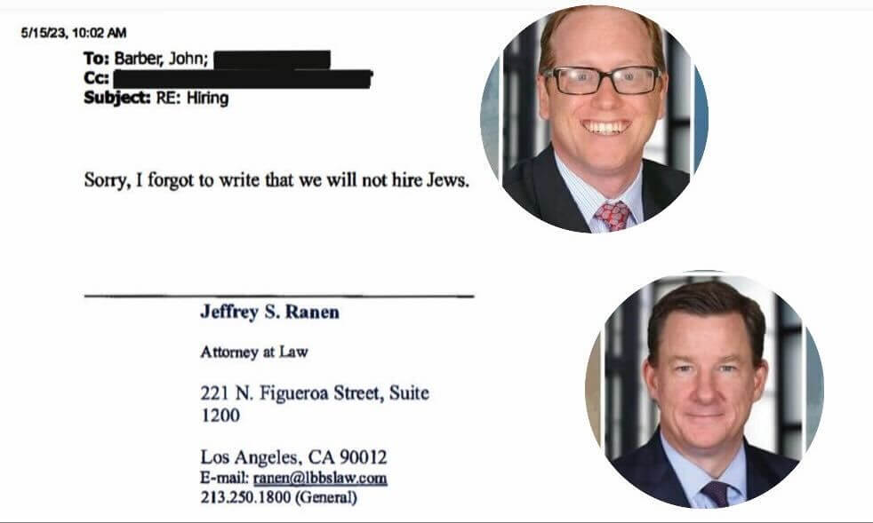 Part of an email thread between John Barber and Jeff Ranen, two law firm partners who quit  Lewis Brisbois on May 2, 2023. 