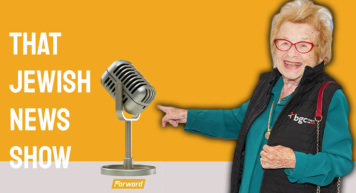 Dr. Ruth Westheimer and the logo for the podcast 'That Jewish News Show' 