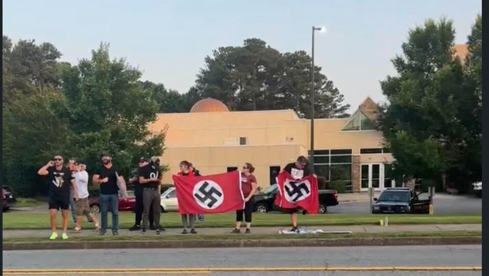 Members of the Goyim Defense League on Shabbat protested at the Chabad of Cobb County outside Atlanta.