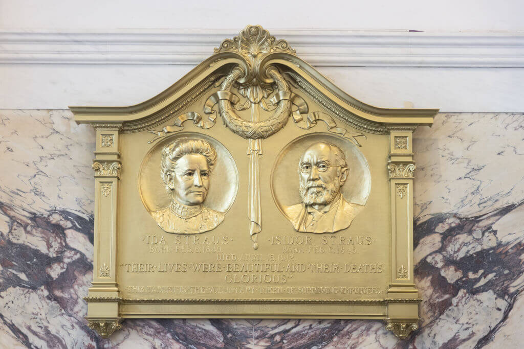 A plaque of former co-owner Isidor Straus and his wife Ida Straus at the Macy's flagship store in New York, in 2022.