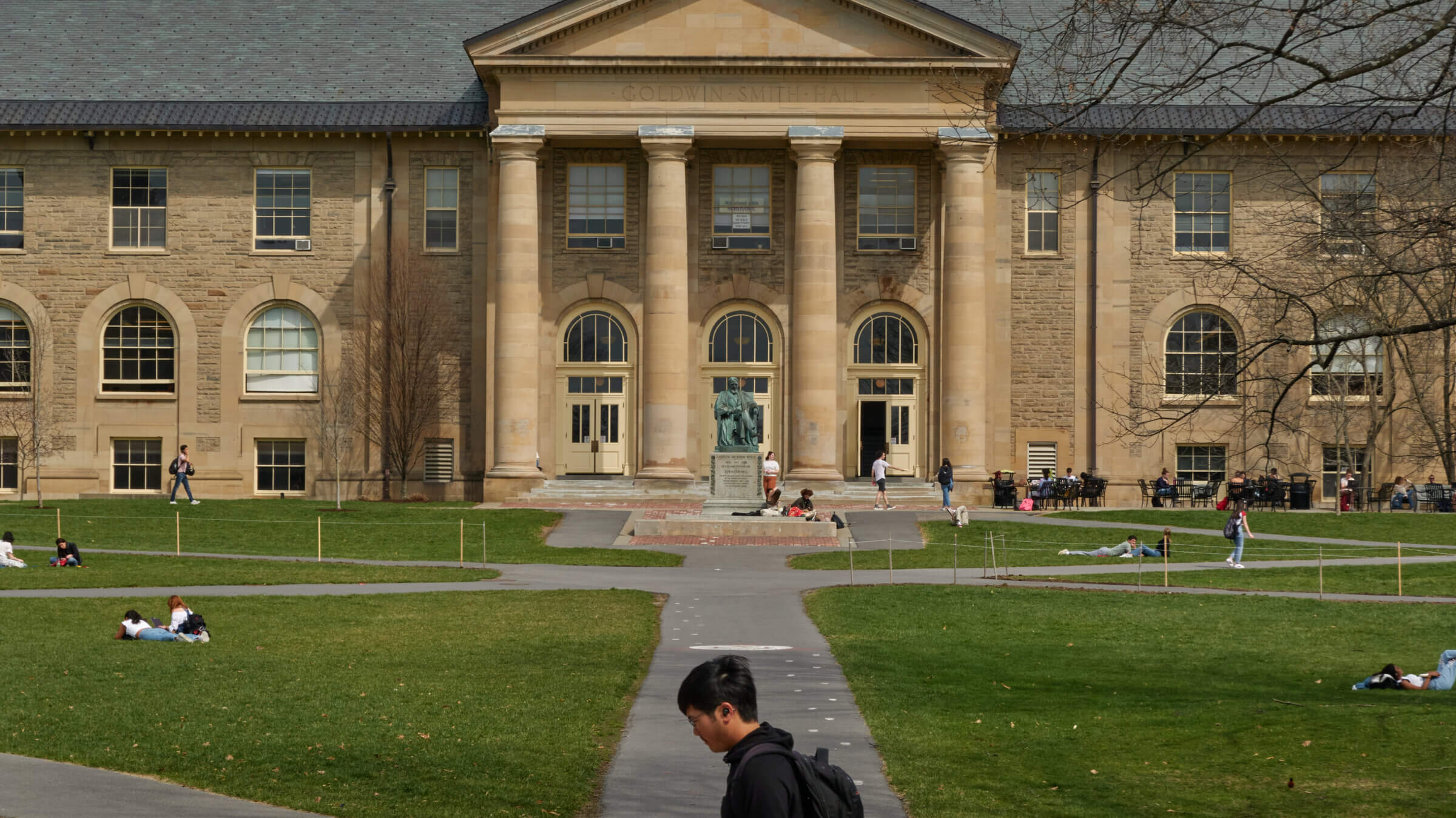Students outside Goldwin Smith Hall at Cornell.