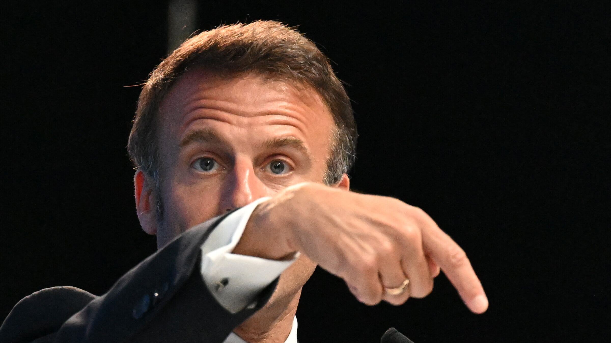 Emmanuel Macron delivers a speech at the Globsec regional security forum in Bratislava, Slovakia, on May 31, 2023. 