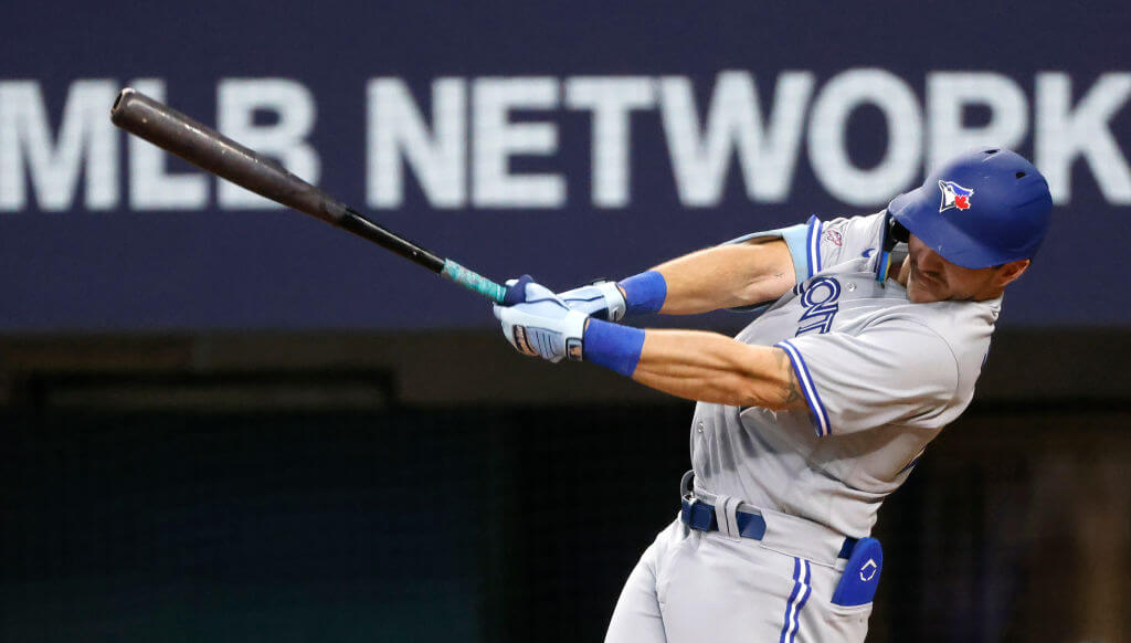Spencer Horwitz, No. 48 of the Toronto Blue Jays, bats during his MLB debut against the Texas Rangers during the third inning at Globe Life Field on June 18, 2023 in Arlington, Texas.